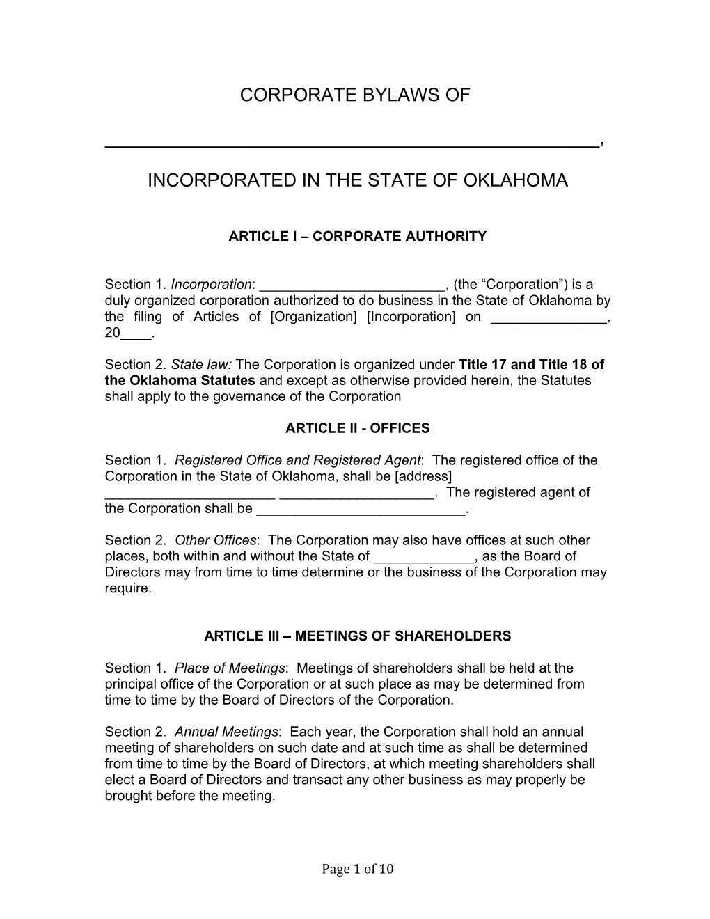 Corporate Bylaws of , Incorporated in the State of Oklahoma