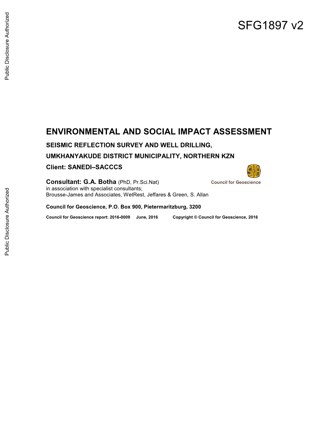 Environmental and Social Impact Assessment Seismic Reflection Survey and Well Drilling, Umkhanyakude District Municipality, Northern Kzn