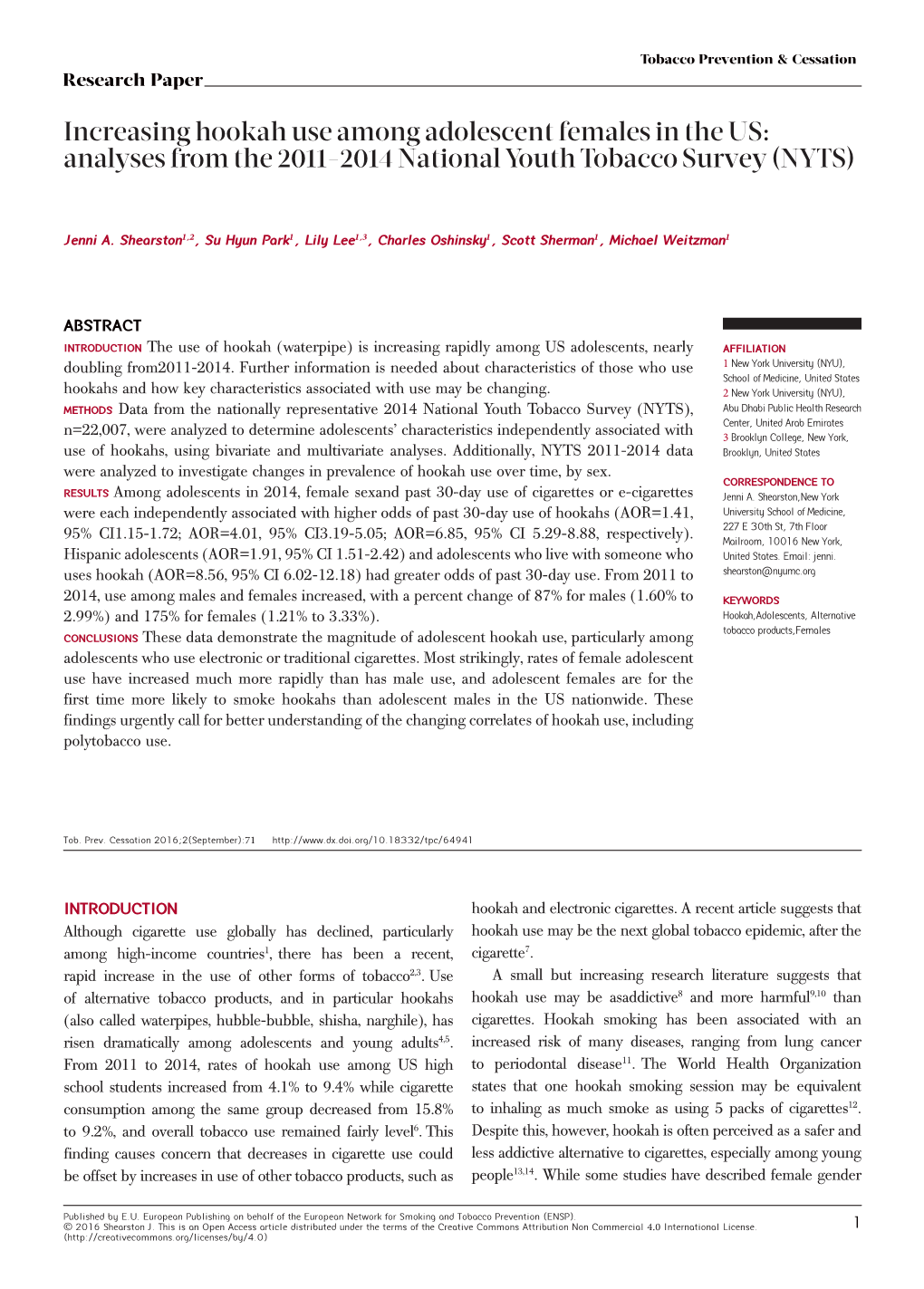 Increasing Hookah Use Among Adolescent Females in the US: Analyses from the 2011-2014 National Youth Tobacco Survey (NYTS)