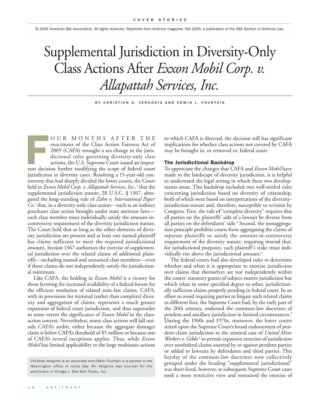 Supplemental Jurisdiction in Diversity-Only Class Actions After Exxon Mobil Corp