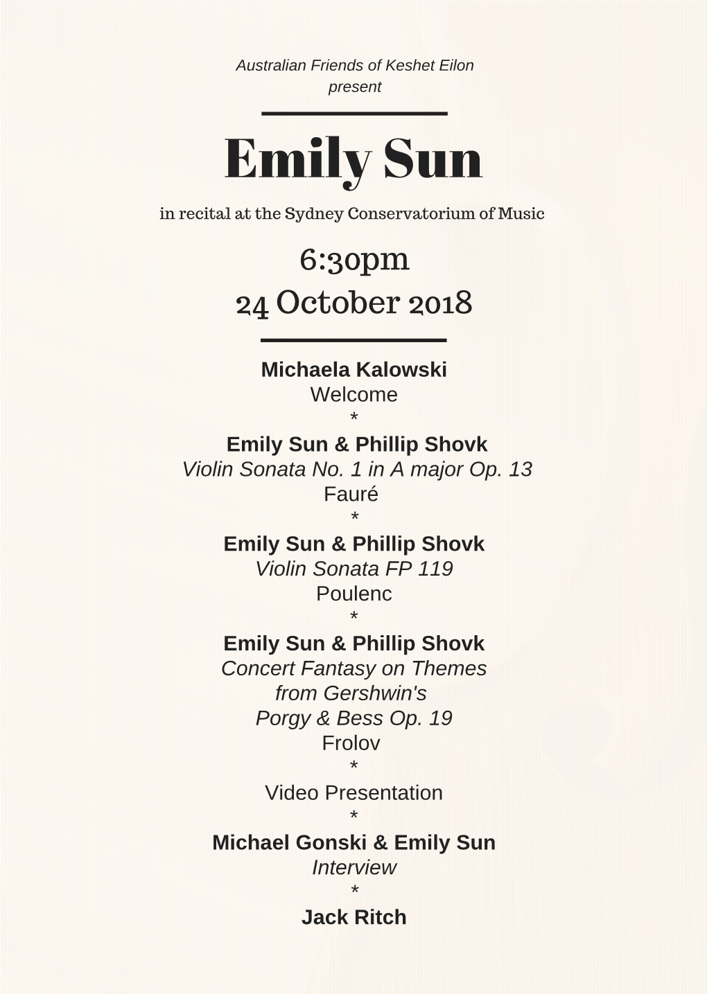Emily Sun in Recital at the Sydney Conservatorium of Music 6:30 Pm 24 October 2018