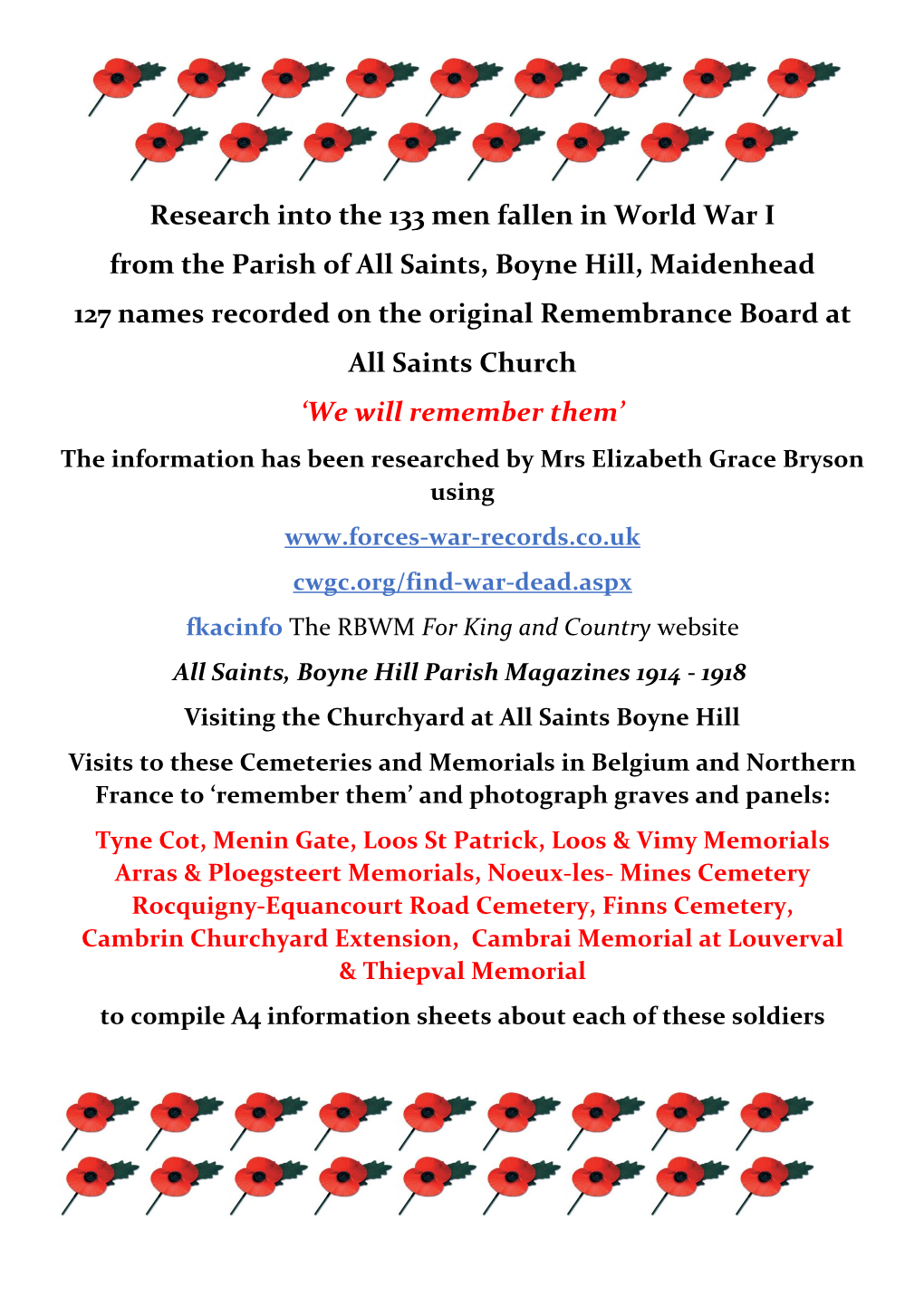 Research Into the 133 Men Fallen in World War I from the Parish of All Saints, Boyne Hill, Maidenhead 127 Names Recorded On