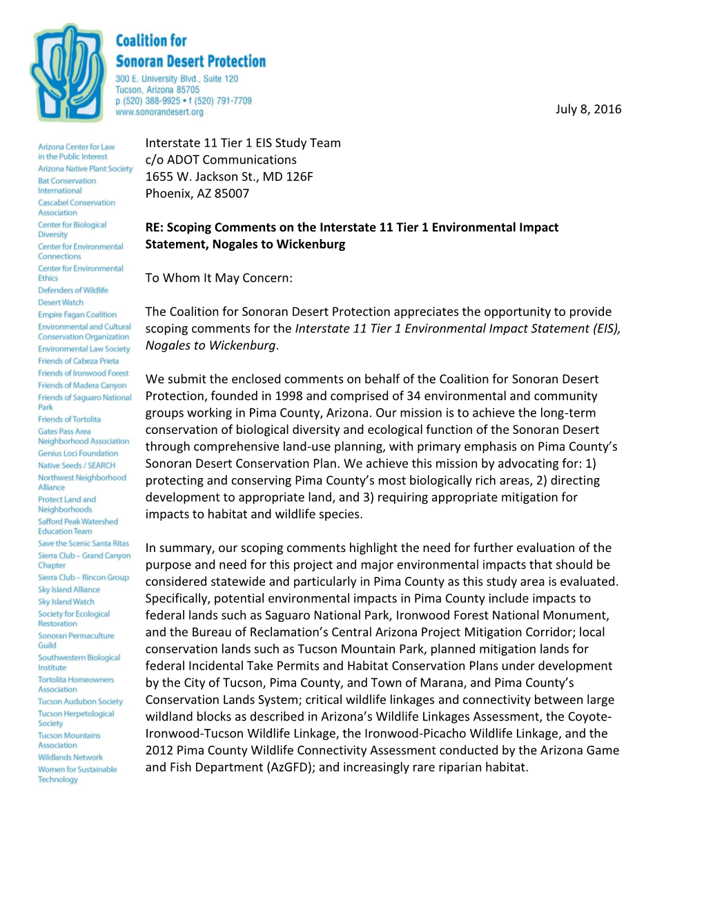 I-11 Coalition for Sonoran Desert Protection Letter to ADOT, July 2016