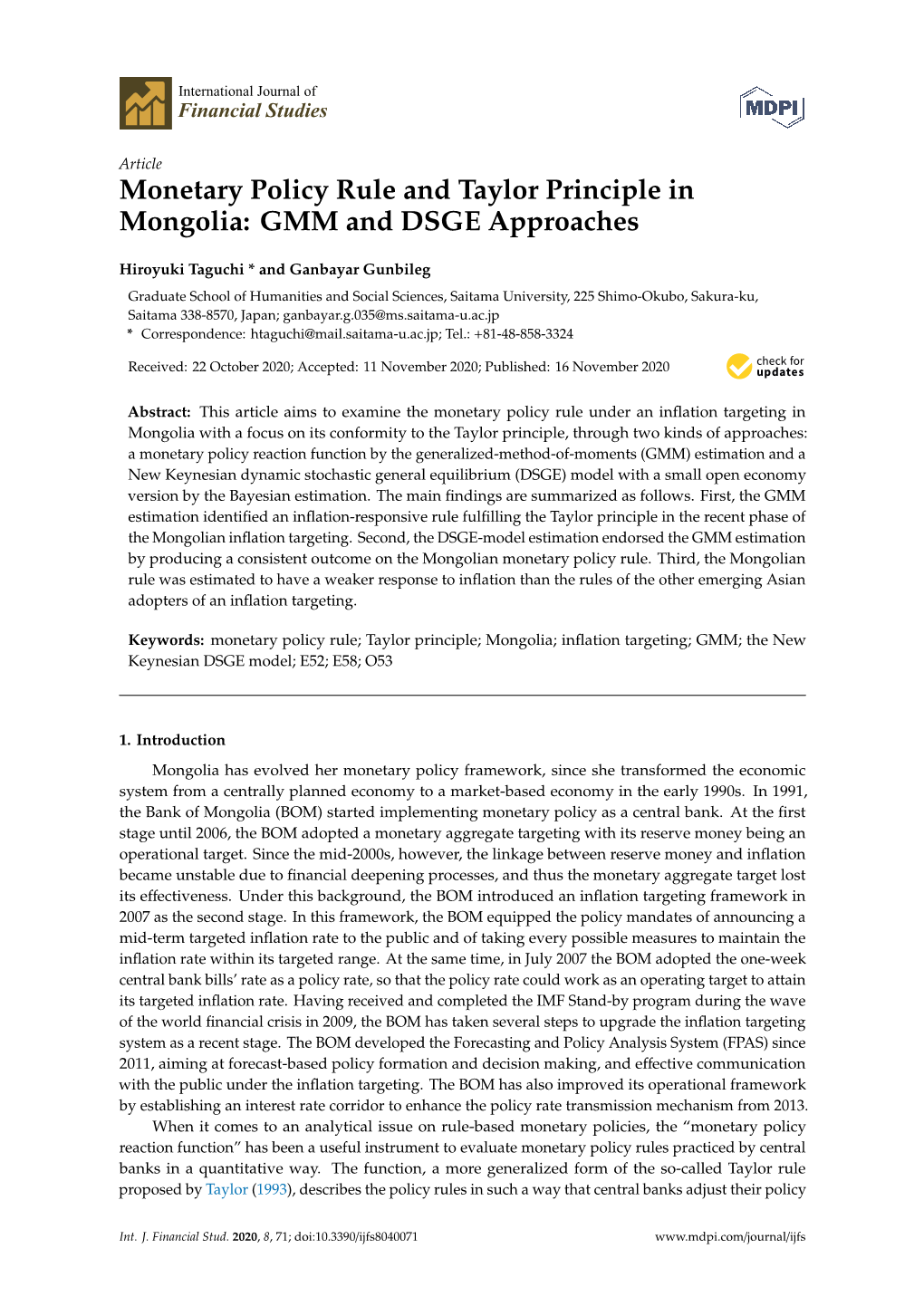 Monetary Policy Rule and Taylor Principle in Mongolia: GMM and DSGE Approaches