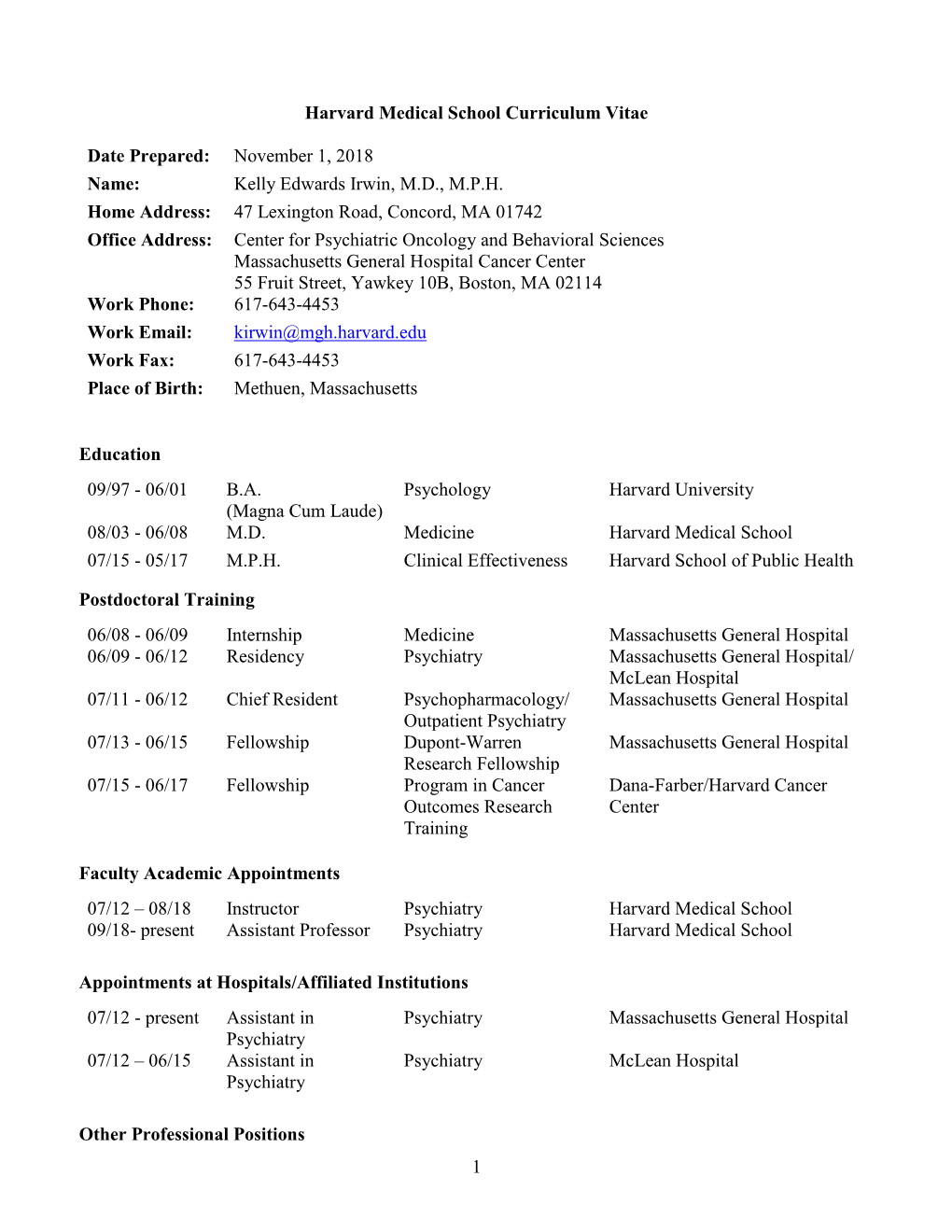 1 Harvard Medical School Curriculum Vitae Date Prepared