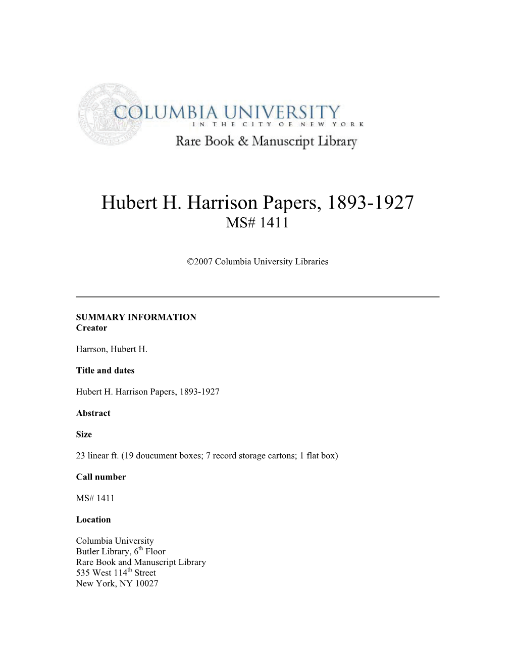 Hubert H. Harrison Papers, 1893-1927 MS# 1411