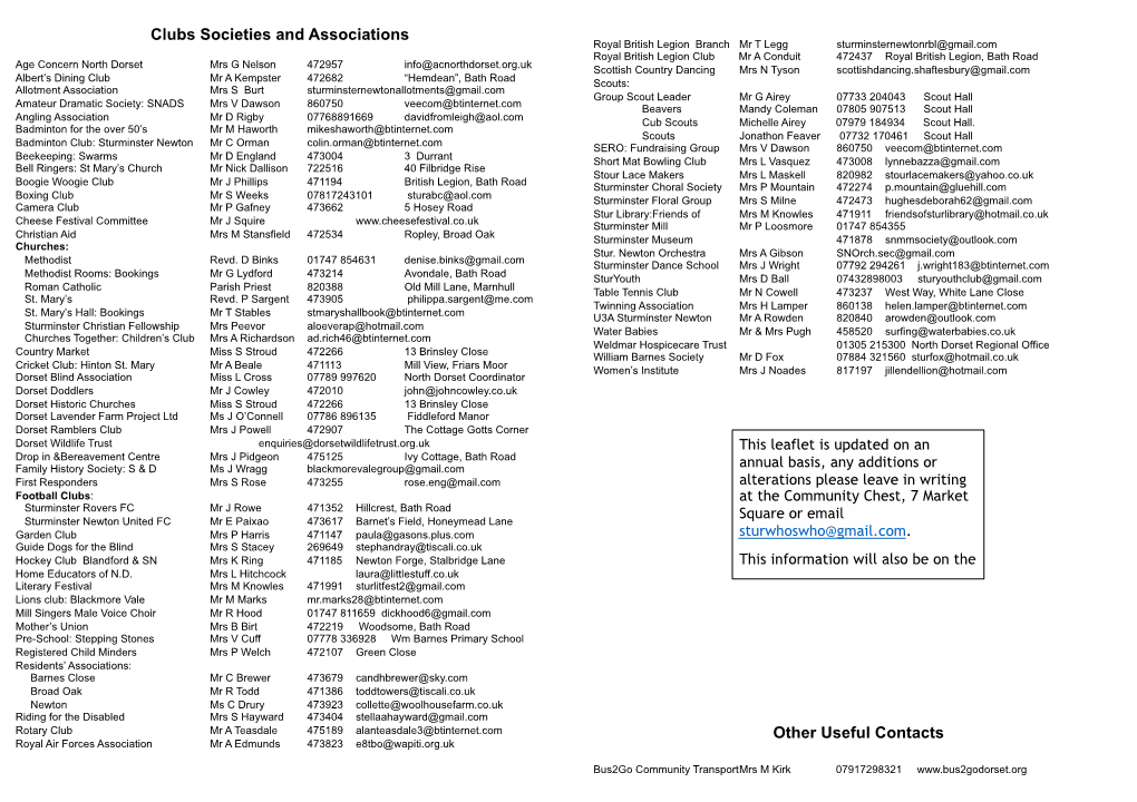 Clubs Societies and Associations Other Useful Contacts