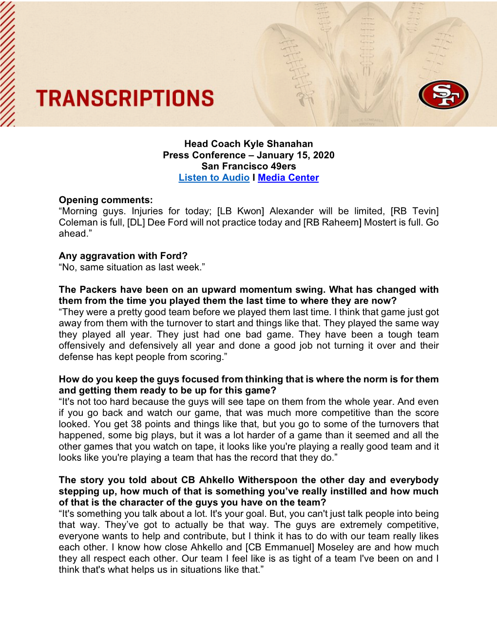 Head Coach Kyle Shanahan Press Conference – January 15, 2020 San Francisco 49Ers Listen to Audio I Media Center