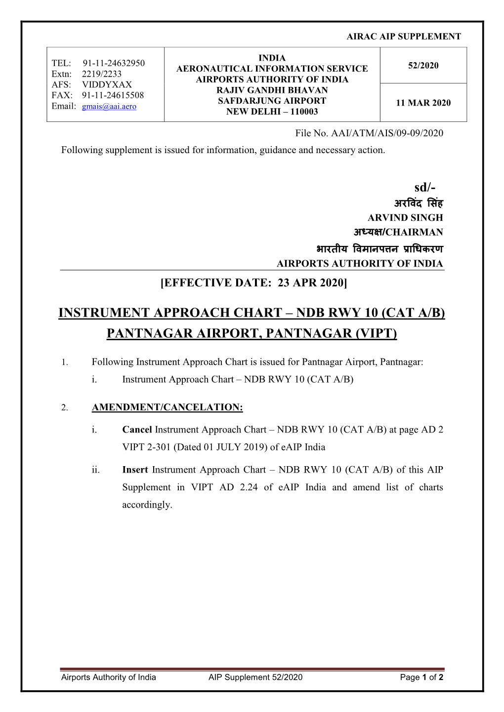 Instrument Approach Chart – Ndb Rwy 10 (Cat A/B) Pantnagar Airport, Pantnagar (Vipt)