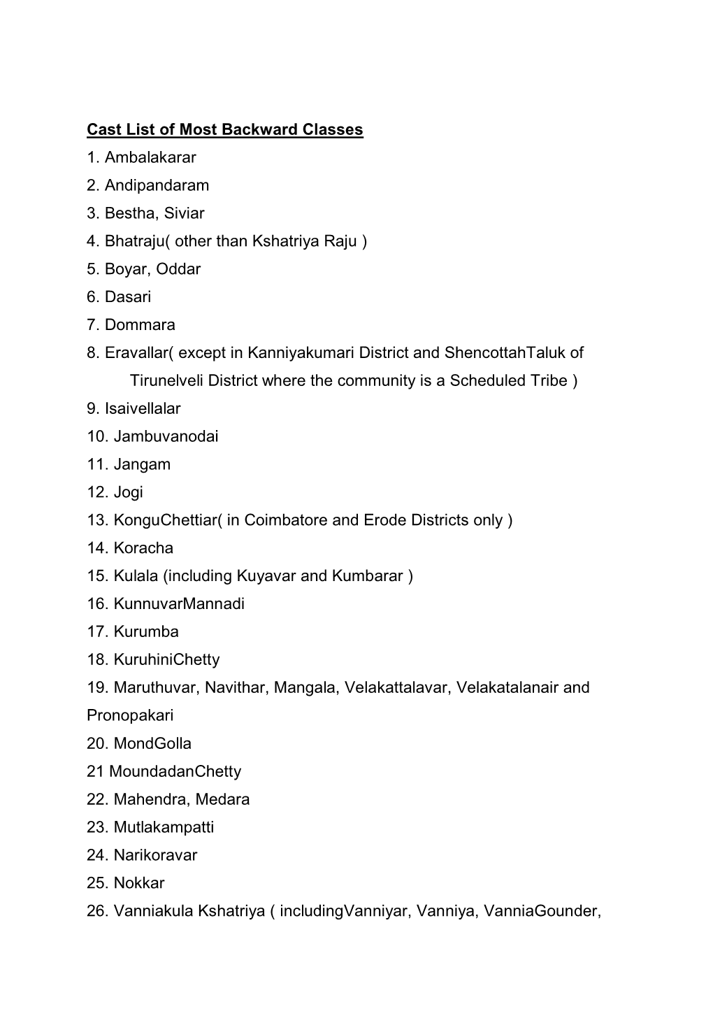 Caste List of MBC and DC of Tamilnadu State