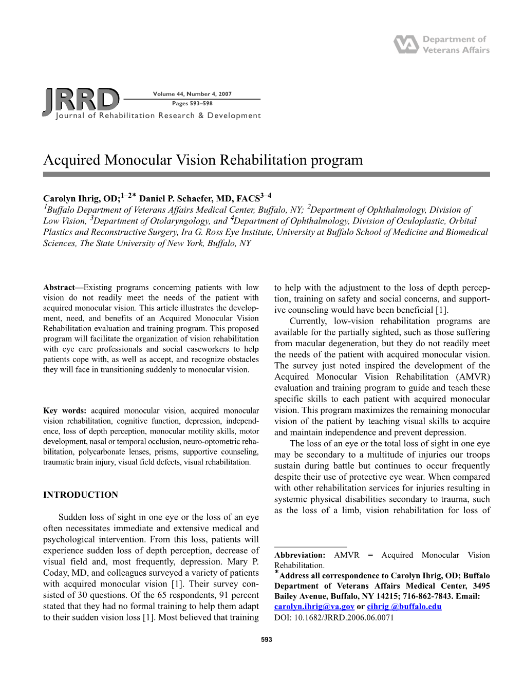 Acquired Monocular Vision Rehabilitation Program