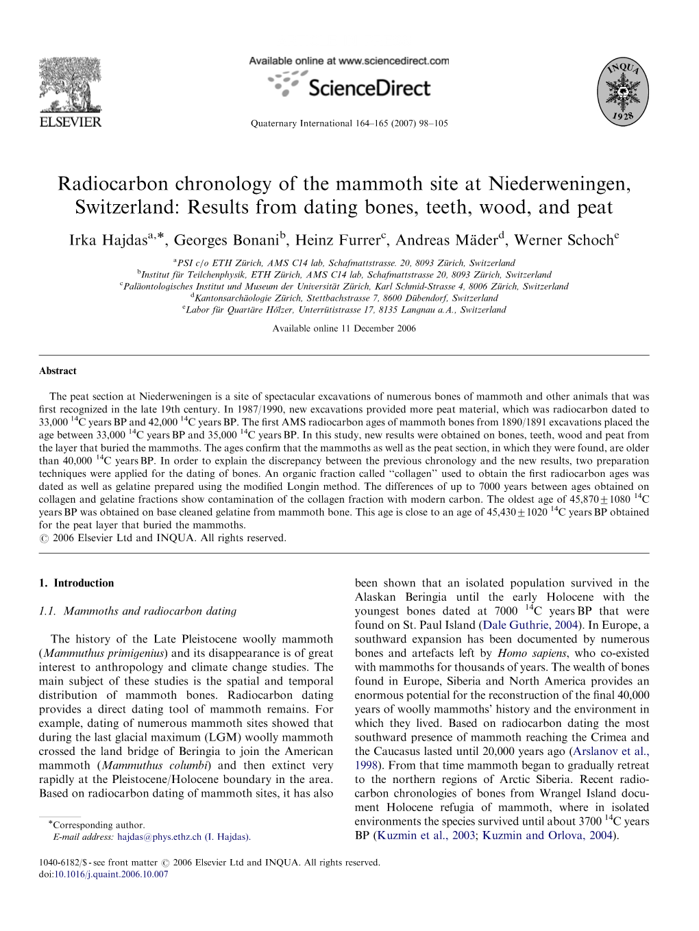 Radiocarbon Chronology of the Mammoth Site at Niederweningen, Switzerland: Results from Dating Bones, Teeth, Wood, and Peat