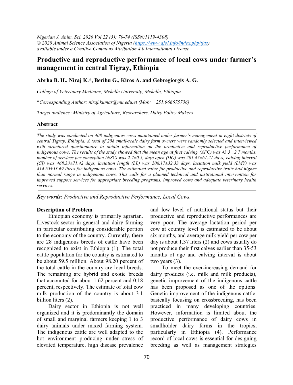 Productive and Reproductive Performance of Local Cows Under Farmer’S Management in Central Tigray, Ethiopia