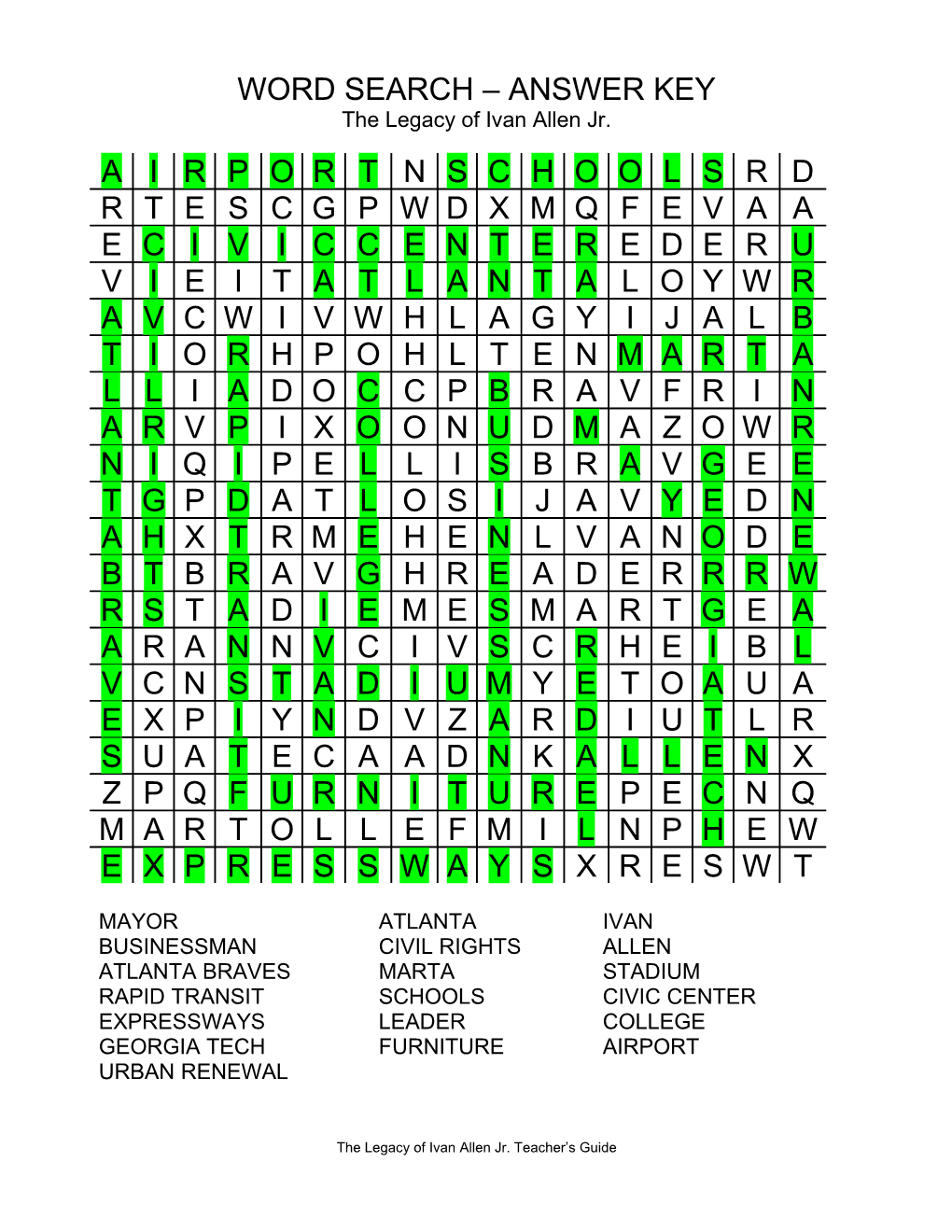 Word Search Answer Key