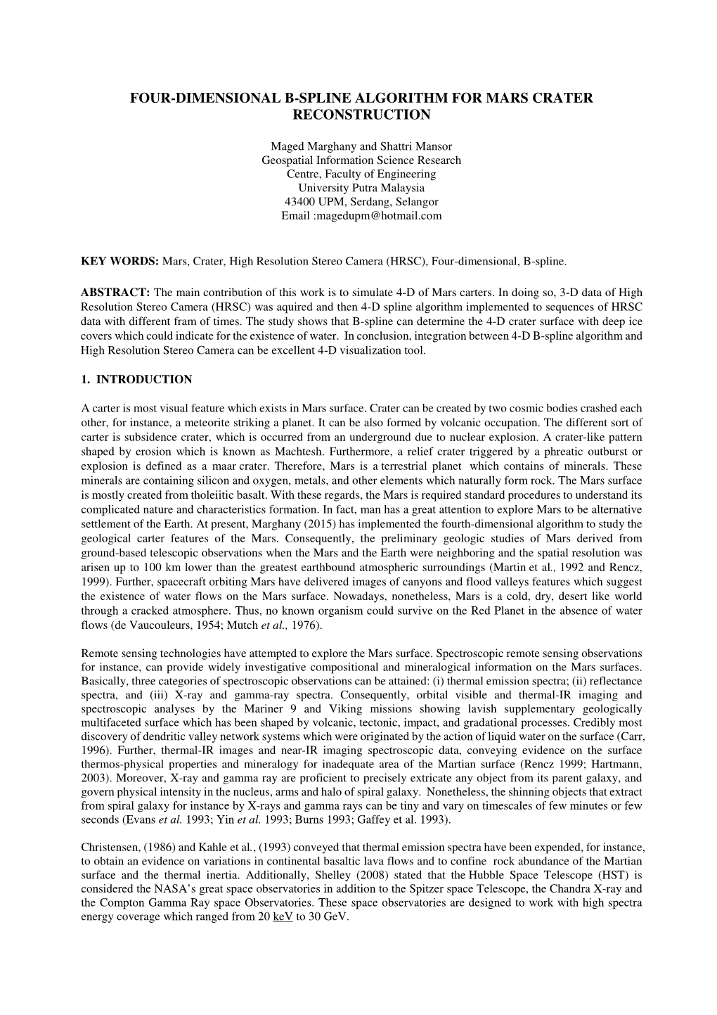 Four-Dimensional B-Spline Algorithm for Mars Crater Reconstruction