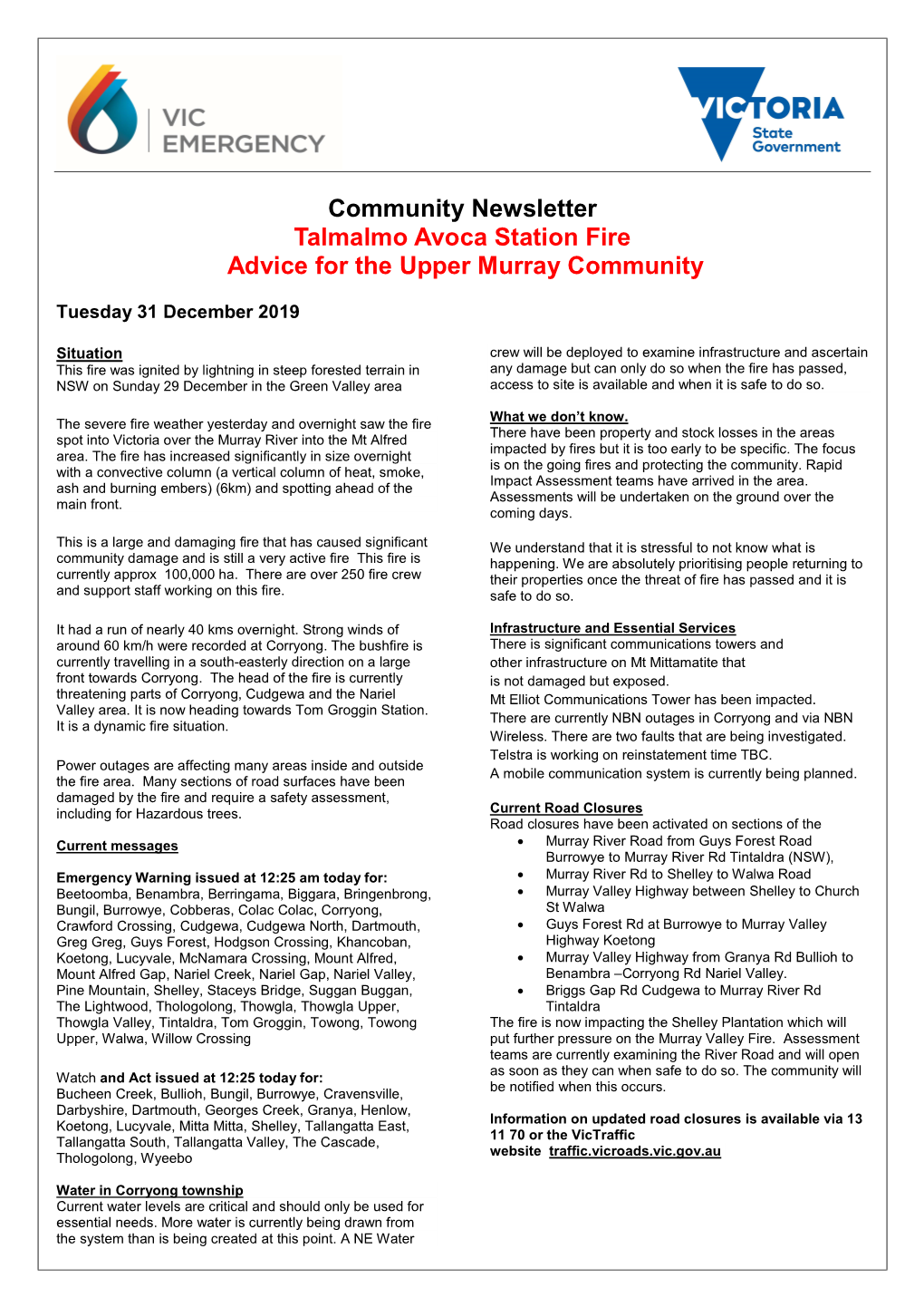 Community Newsletter Talmalmo Avoca Station Fire Advice for the Upper Murray Community
