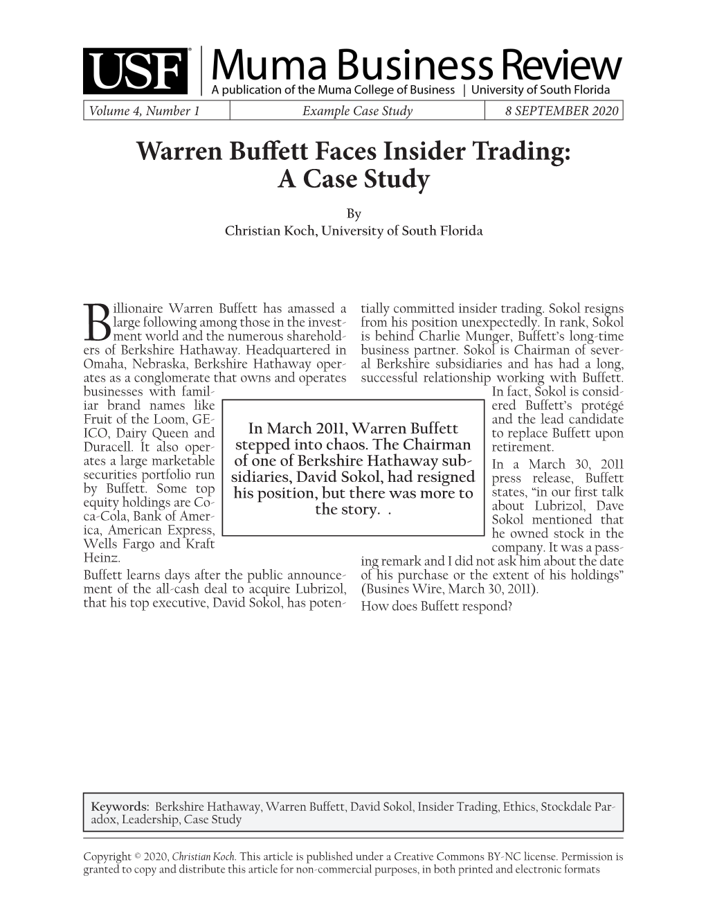 Warren Buffett Faces Insider Trading: a Case Study by Christian Koch, University of South Florida