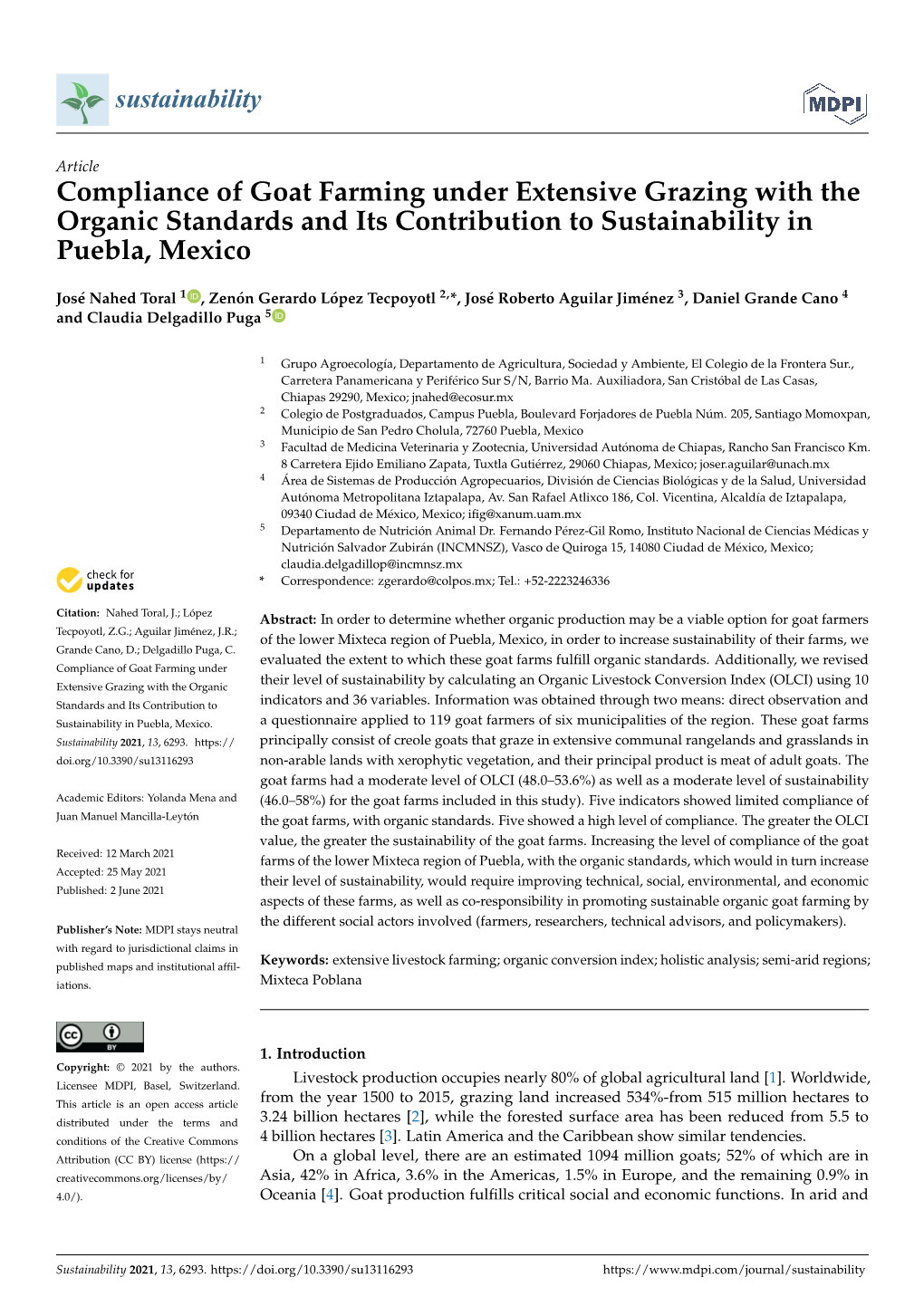 Compliance of Goat Farming Under Extensive Grazing with the Organic Standards and Its Contribution to Sustainability in Puebla, Mexico