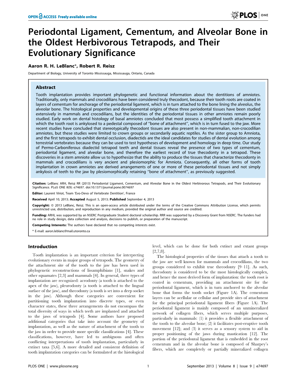 Periodontal Ligament, Cementum, and Alveolar Bone in the Oldest Herbivorous Tetrapods, and Their Evolutionary Significance