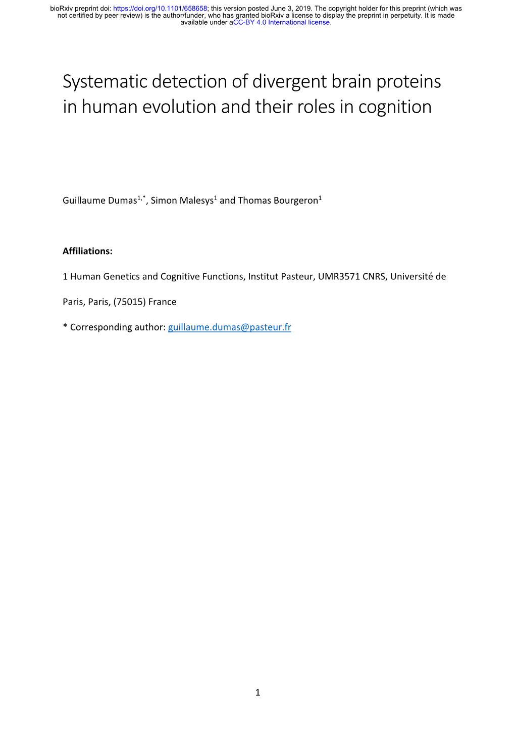 Systematic Detection of Divergent Brain Proteins in Human Evolution and Their Roles in Cognition