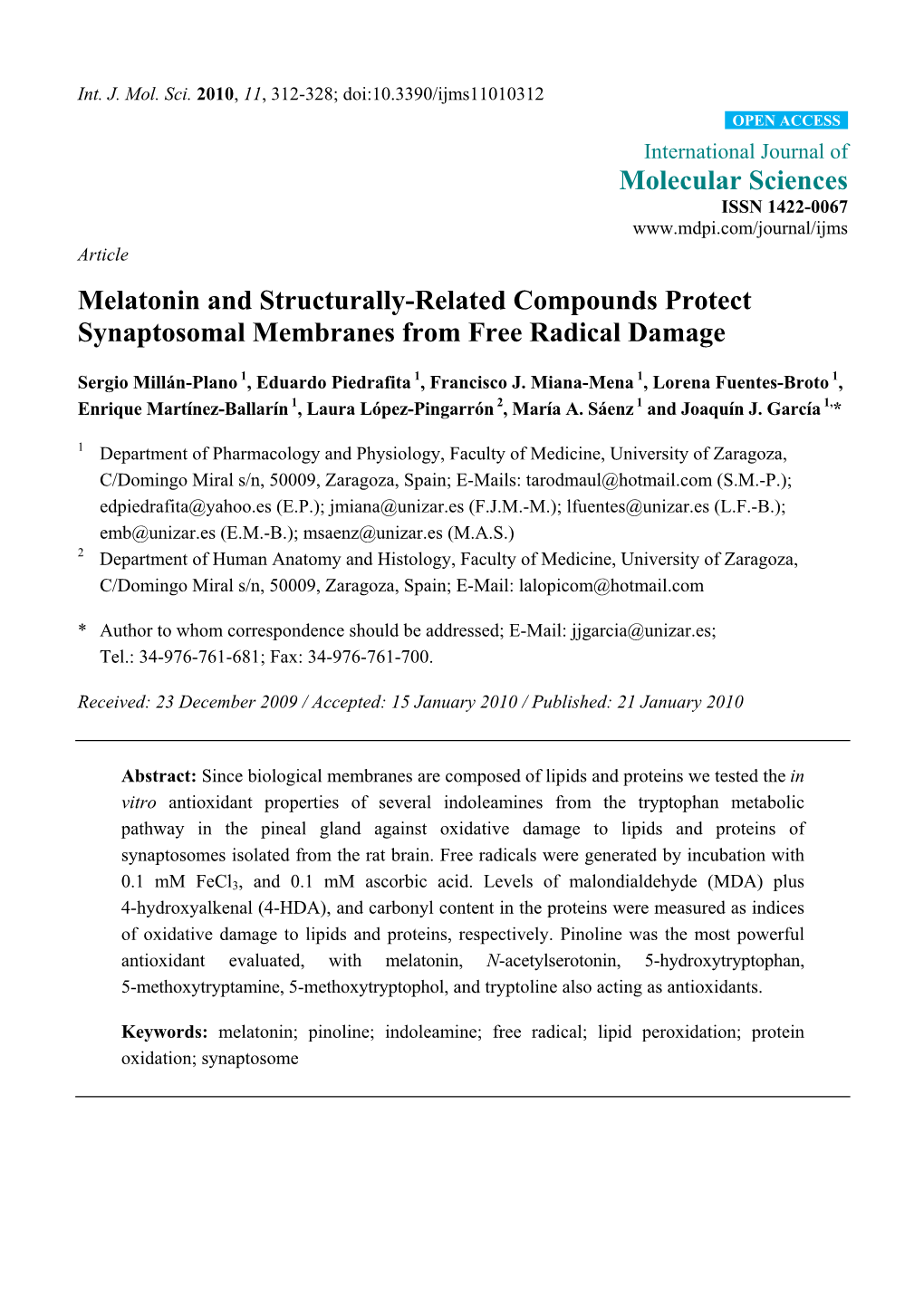 Melatonin and Structurally-Related Compounds Protect Synaptosomal Membranes from Free Radical Damage