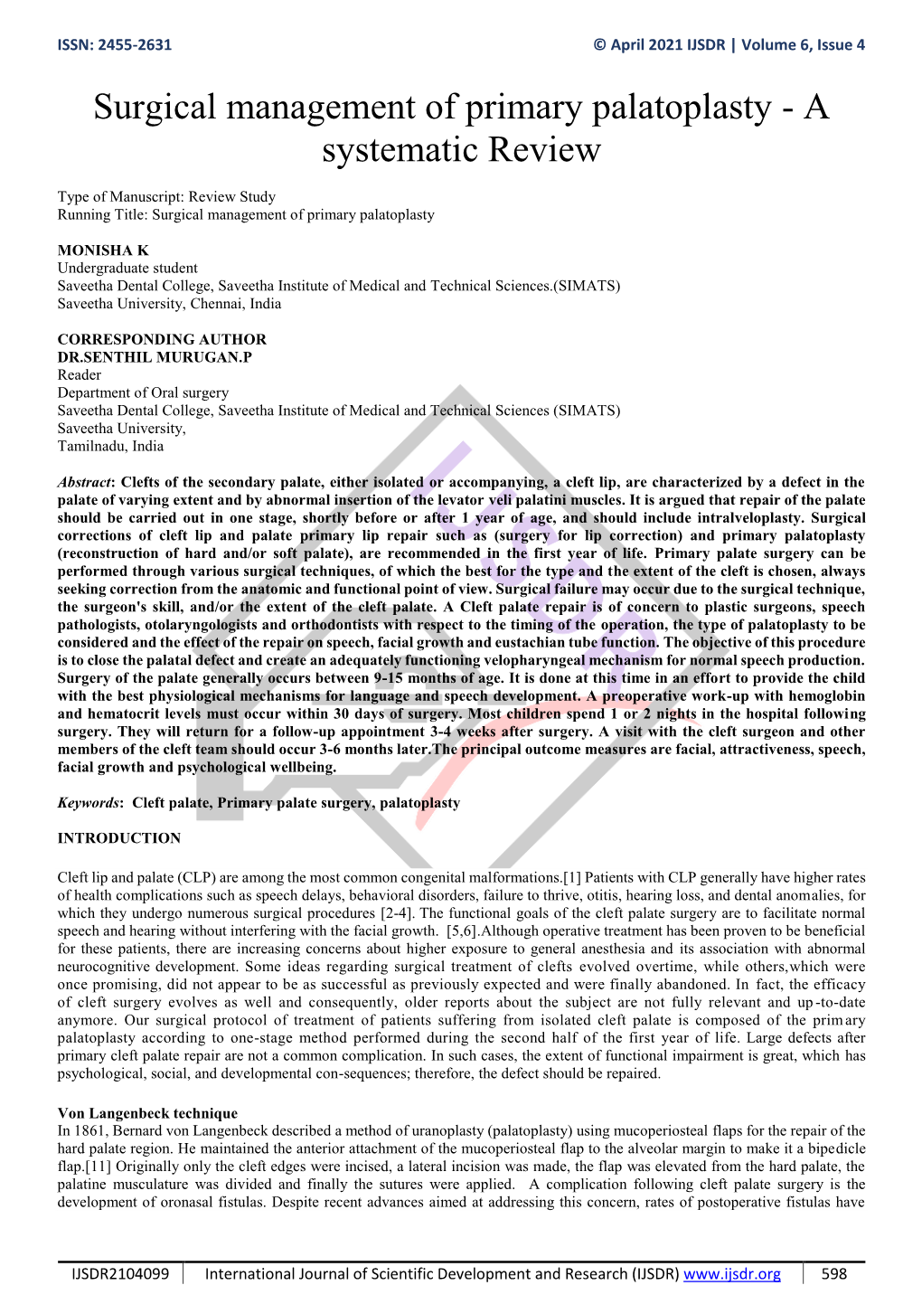 Surgical Management of Primary Palatoplasty - a Systematic Review