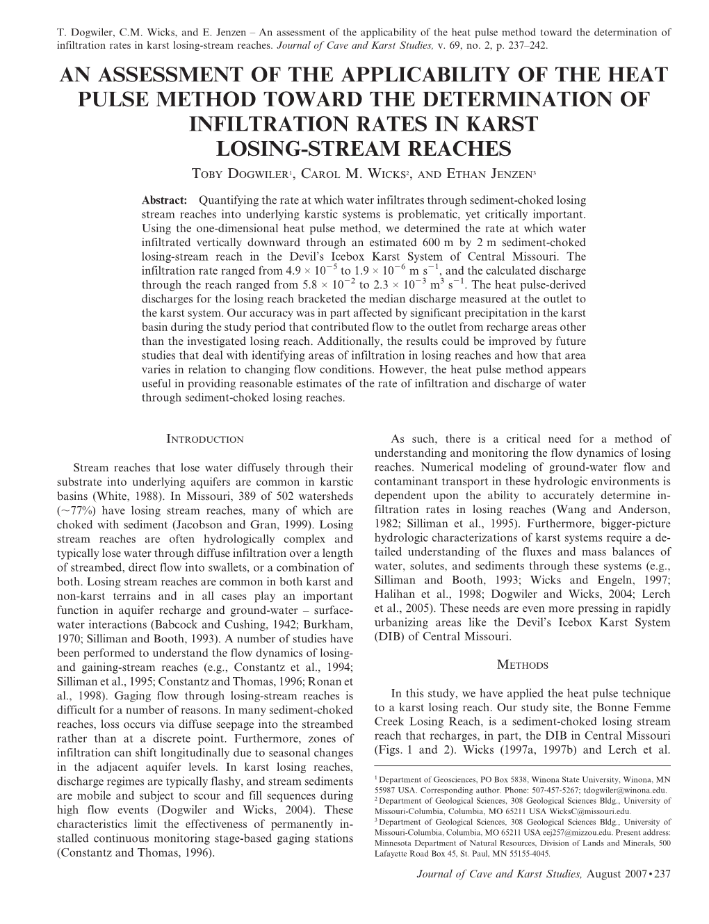 An Assessment of the Applicability of the Heat Pulse Method Toward the Determination of Infiltration Rates in Karst Losing-Stream Reaches