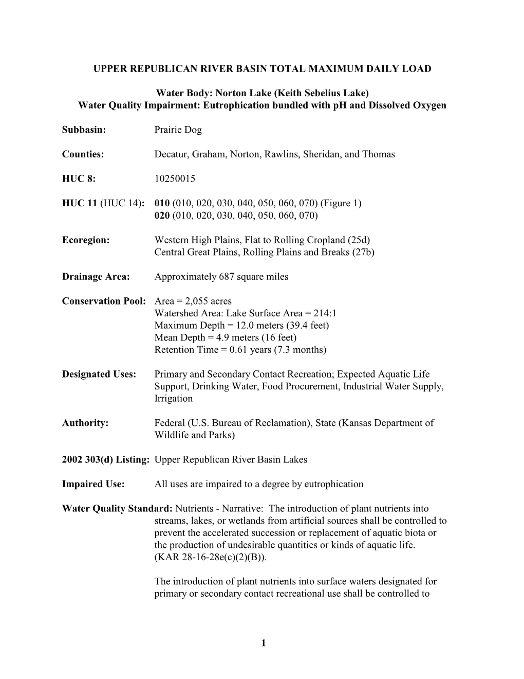 Norton Lake (Keith Sebelius Lake) Water Quality Impairment: Eutrophication Bundled with Ph and Dissolved Oxygen