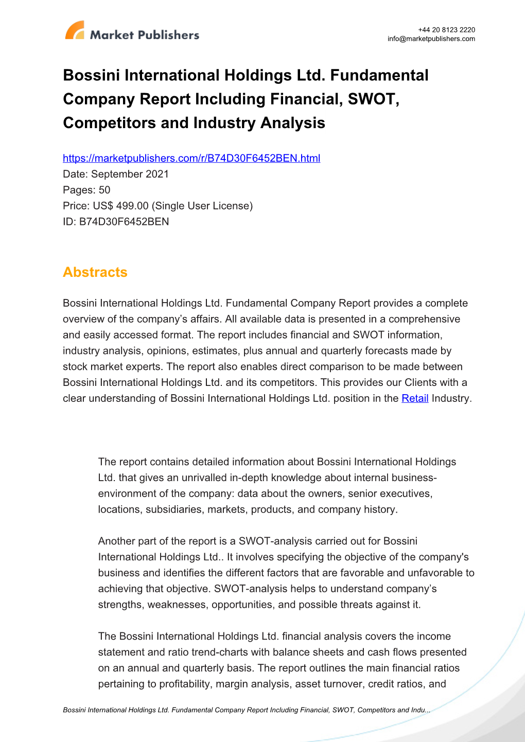 Bossini International Holdings Ltd. Fundamental Company Report