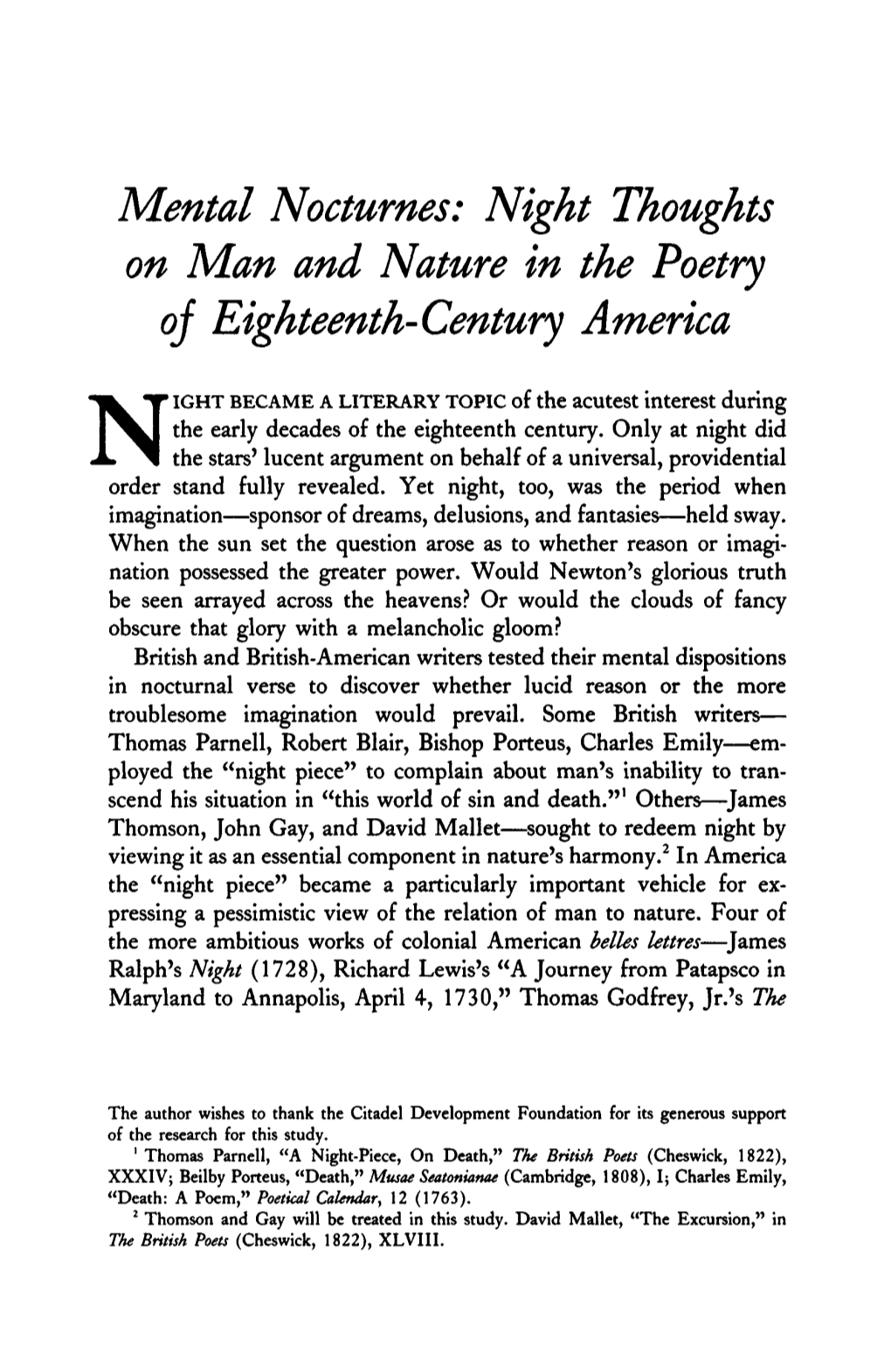 Night Thoughts on Man and Nature in the Poetry Oj Eighteenth-Century America