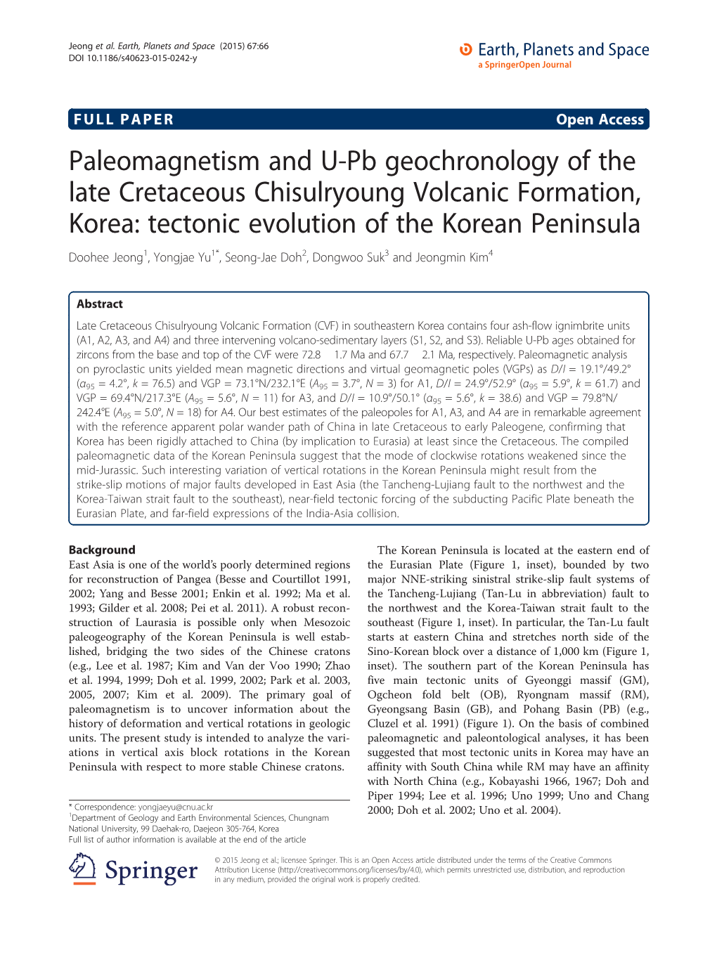 Paleomagnetism and U-Pb Geochronology of the Late Cretaceous Chisulryoung Volcanic Formation, Korea