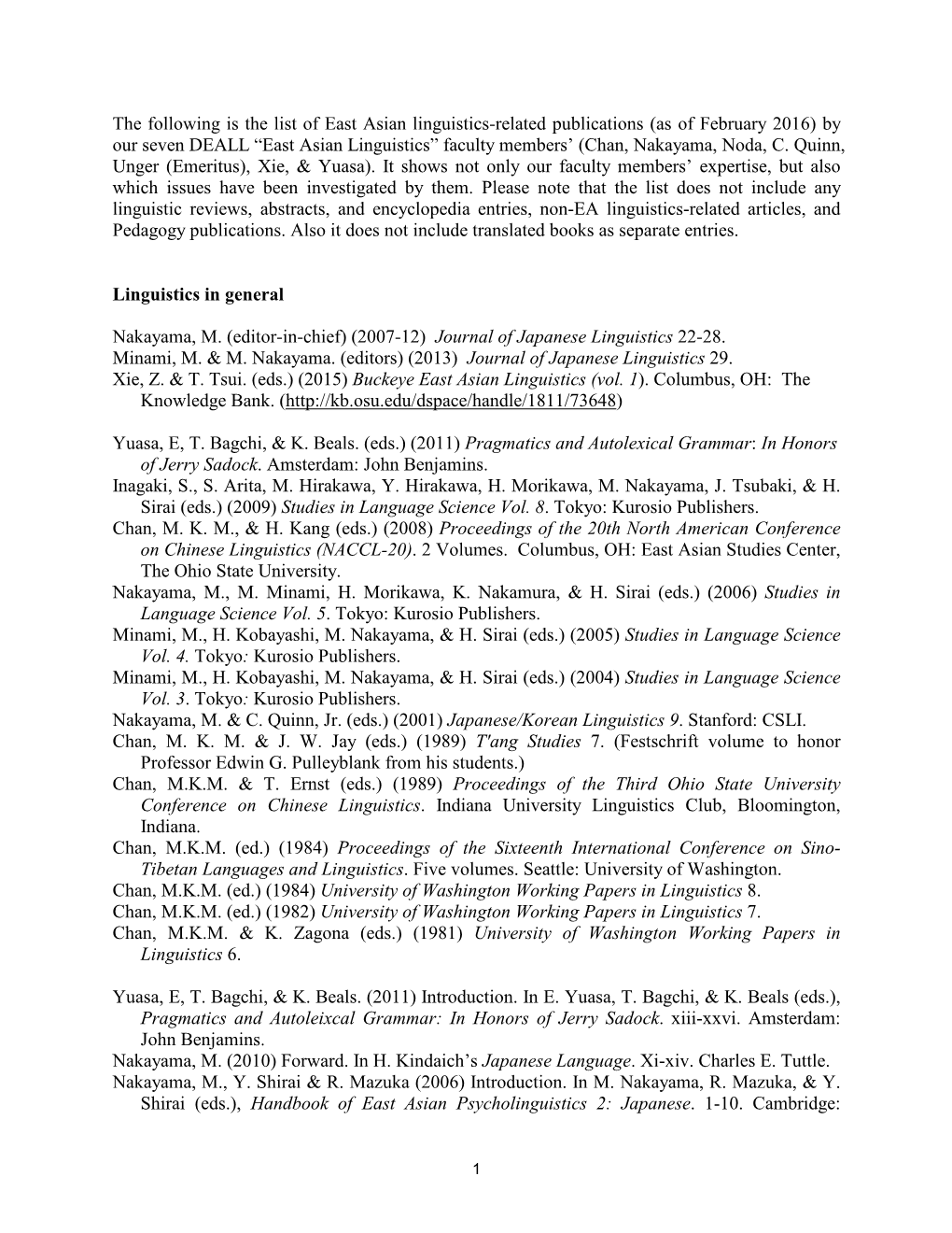 The Following Is the List of East Asian Linguistics-Related Publications (As