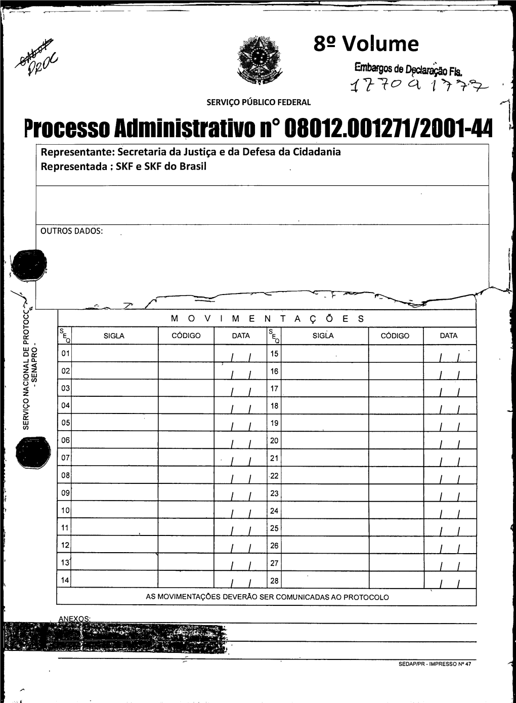 Processo Administrativo N° 08012.001211/2001-44 Representante: Secretaria Da Justiça E Da Defesa Da Cidadania Representada ; SKF E SKF Do Brasil