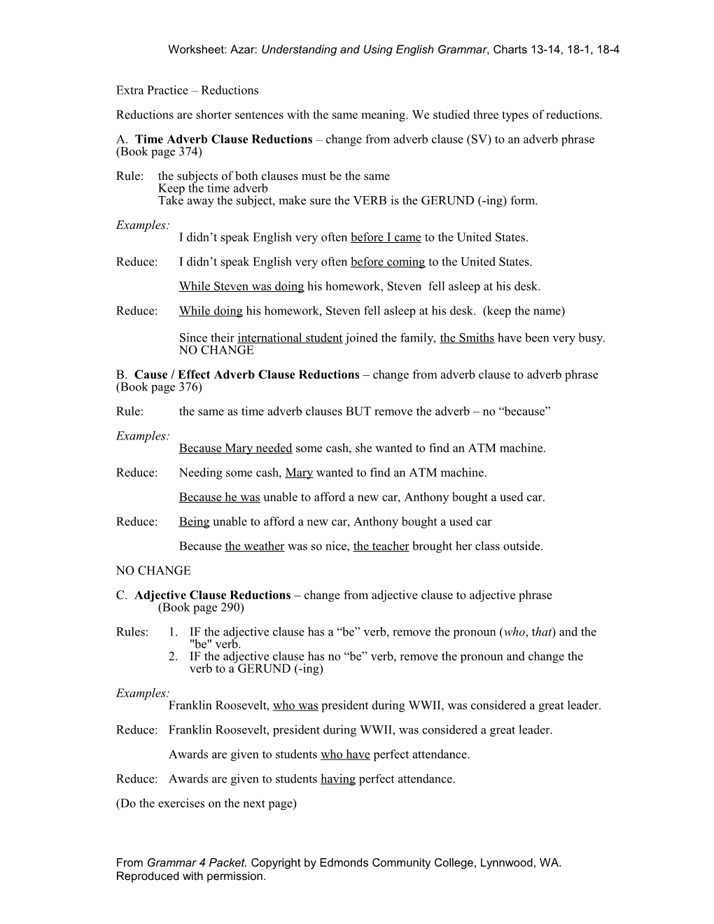 Worksheet: Azar: Understanding and Using English Grammar , Charts 13-14, 18-1, 18-4