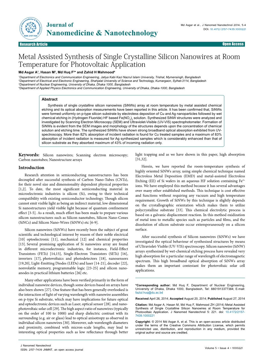 Metal Assisted Synthesis of Single Crystalline Silicon Nanowires At