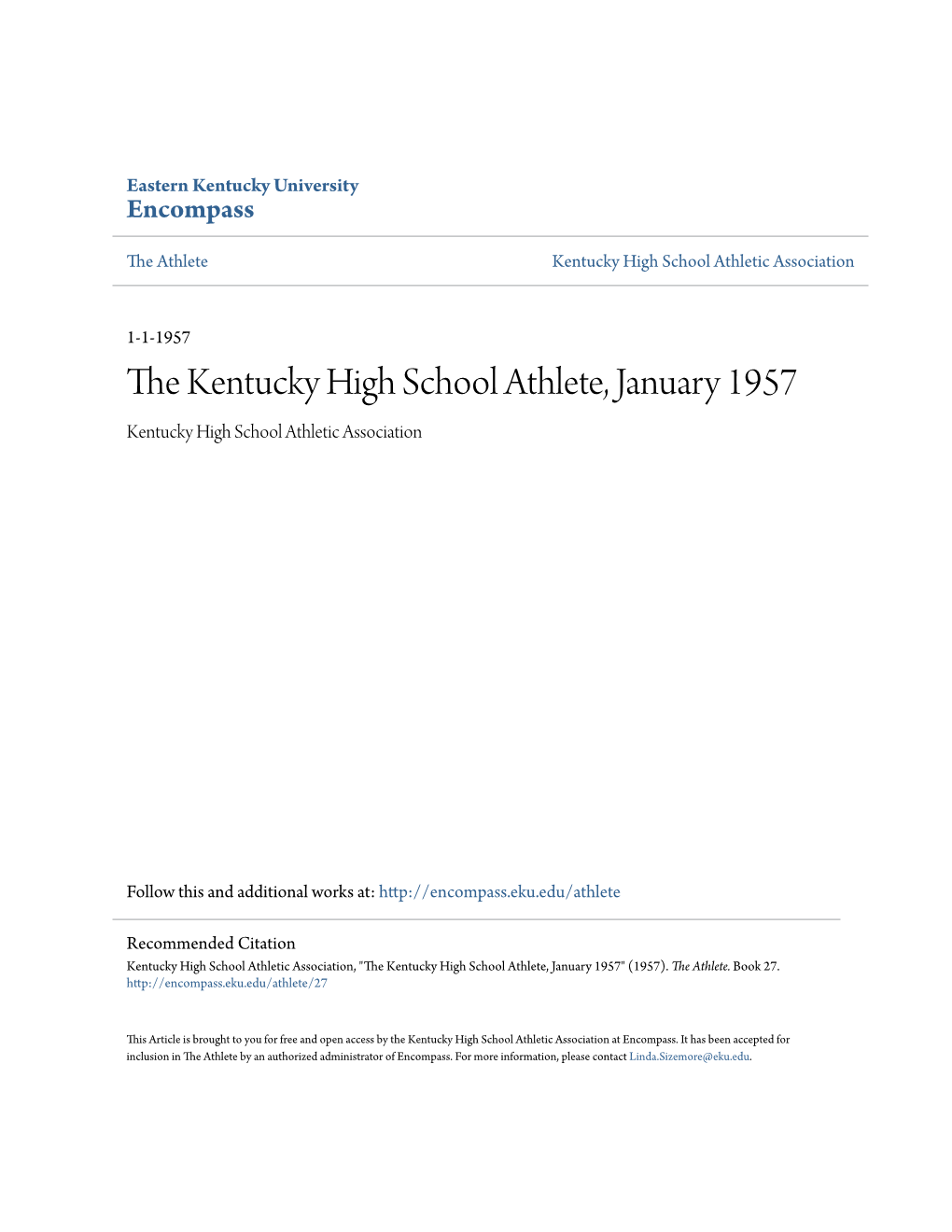 The Kentucky High School Athlete, January 1957 Kentucky High School Athletic Association