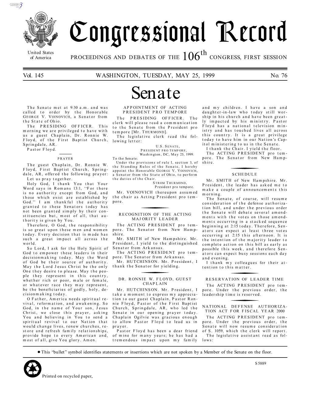 Congressional Record United States Th of America PROCEEDINGS and DEBATES of the 106 CONGRESS, FIRST SESSION