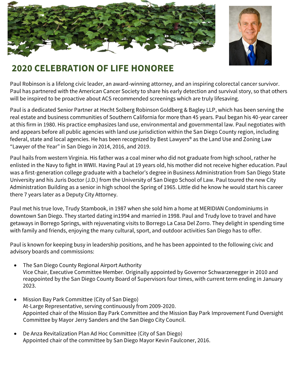 2020 Celebration of Life Honoree