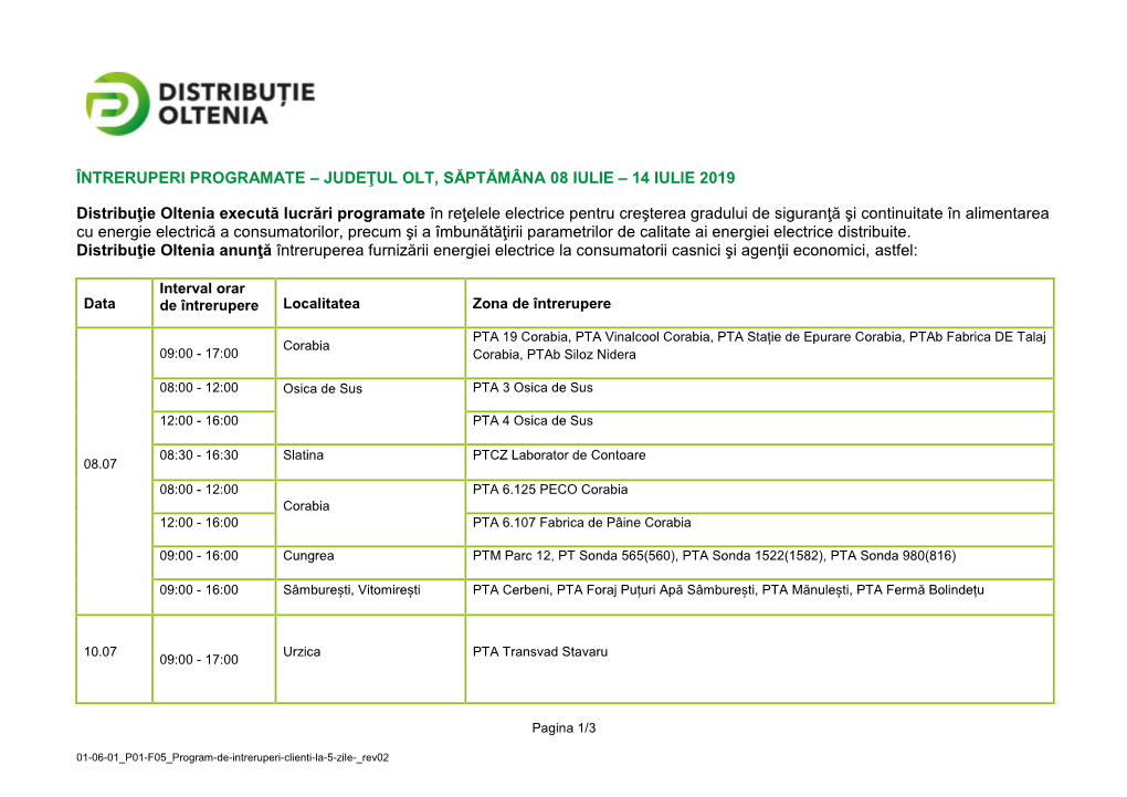 Întreruperi Programate – Judeţul Olt, Săptămâna 08 Iulie – 14 Iulie 2019