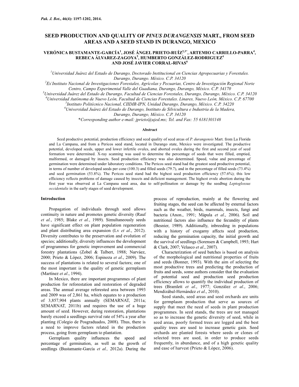 Seed Production and Quality of Pinus Durangensis Mart., from Seed Areas and a Seed Stand in Durango, Mexico