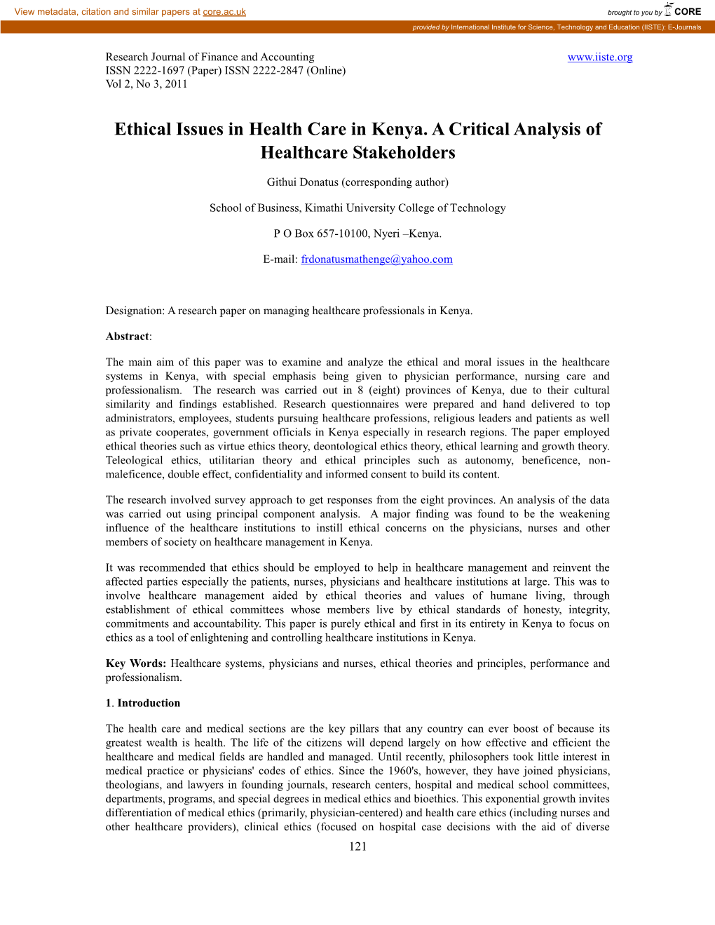 Ethical Issues in Health Care in Kenya. a Critical Analysis of Healthcare Stakeholders