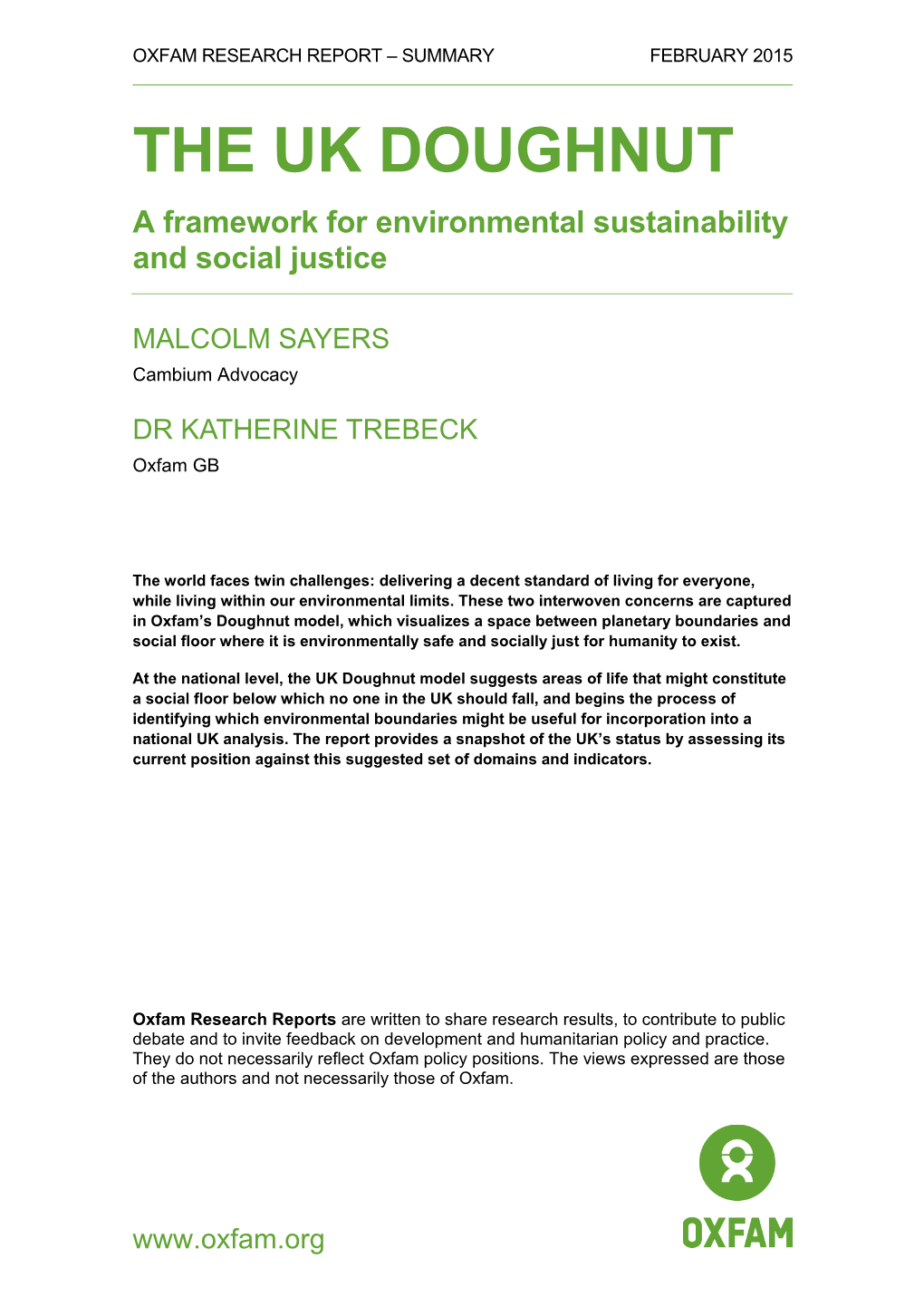 The UK Doughnut: a Framework for Environmental Sustainability and Social Justice Figure 1: SRC Planetary Boundaries