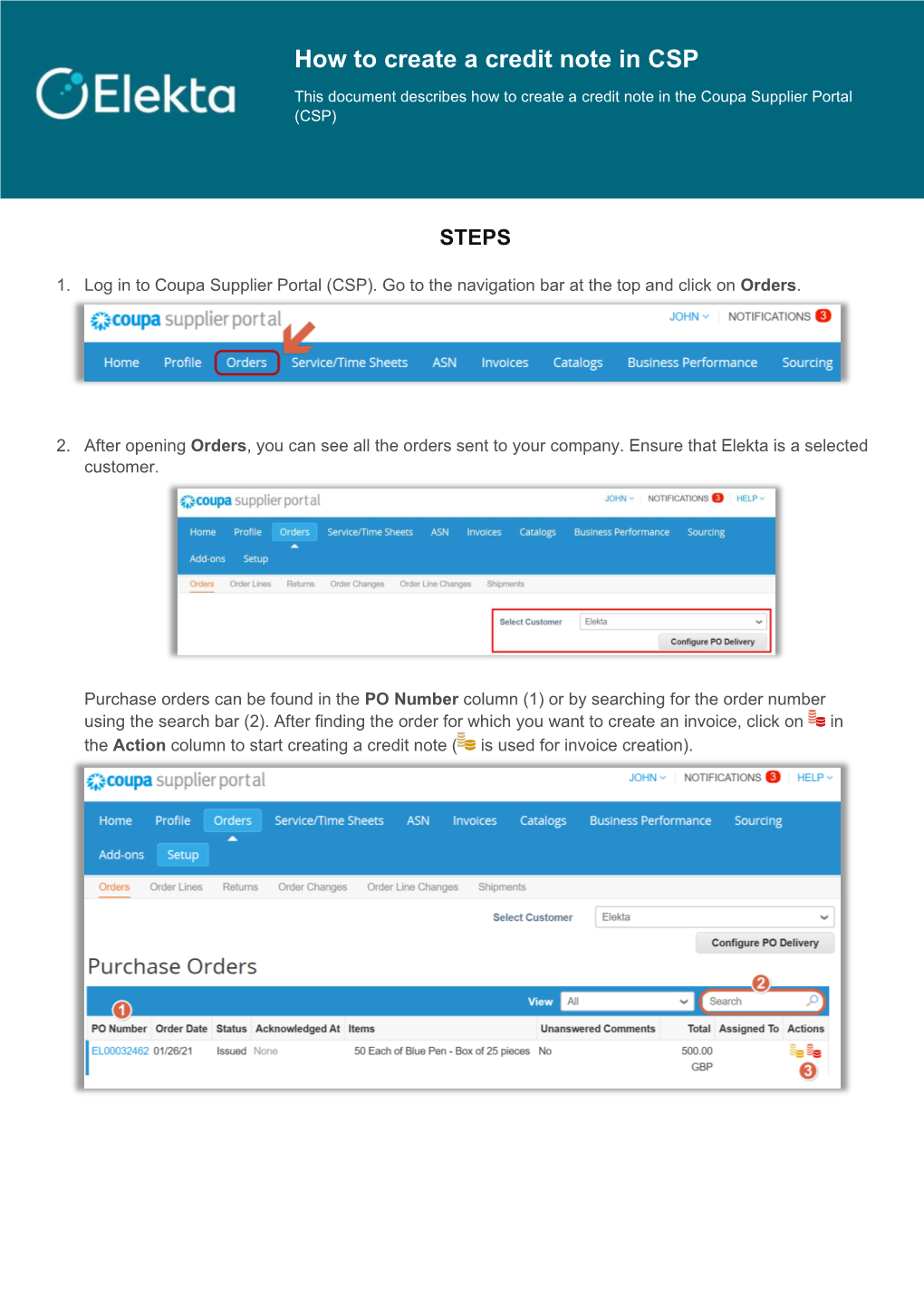 How to Create a Credit Note in CSP This Document Describes How to Create a Credit Note in the Coupa Supplier Portal (CSP)