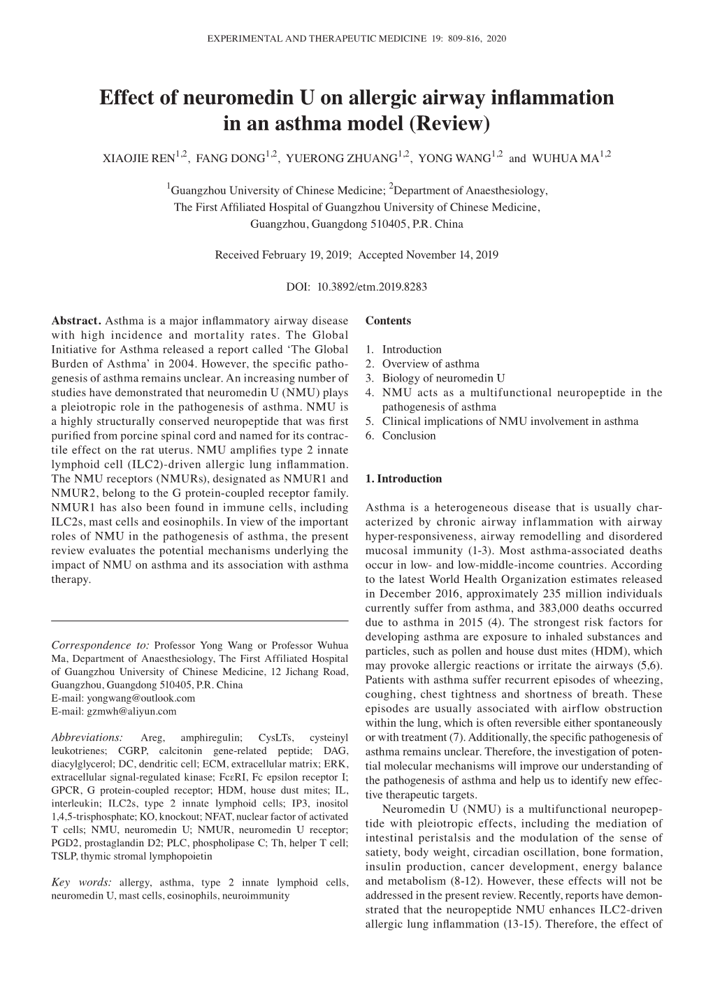 Effect of Neuromedin U on Allergic Airway Inflammation in an Asthma Model (Review)