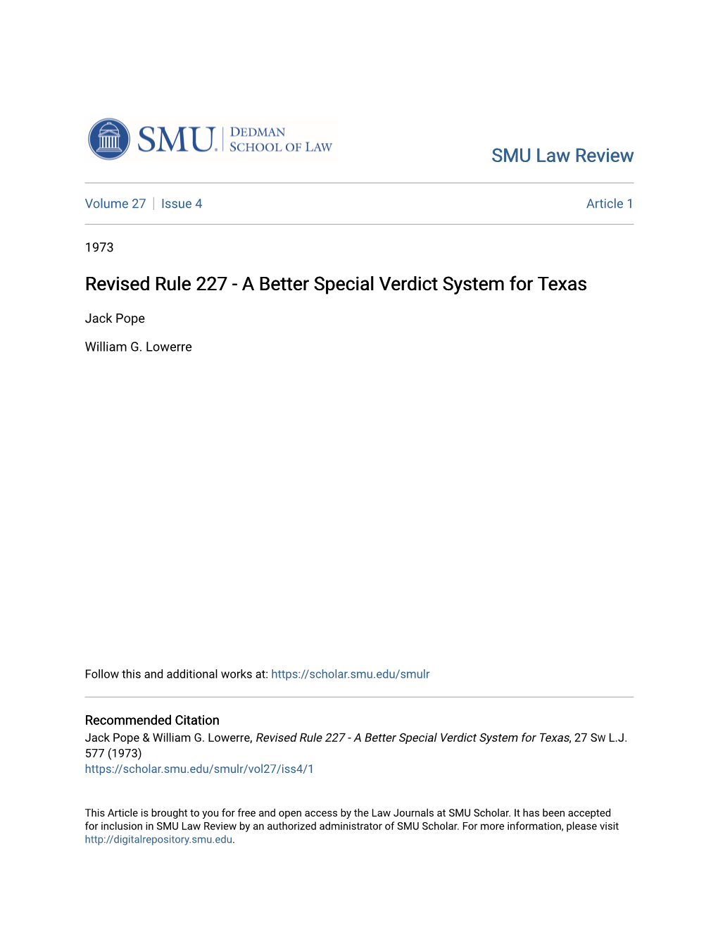 Revised Rule 227 - a Better Special Verdict System for Texas