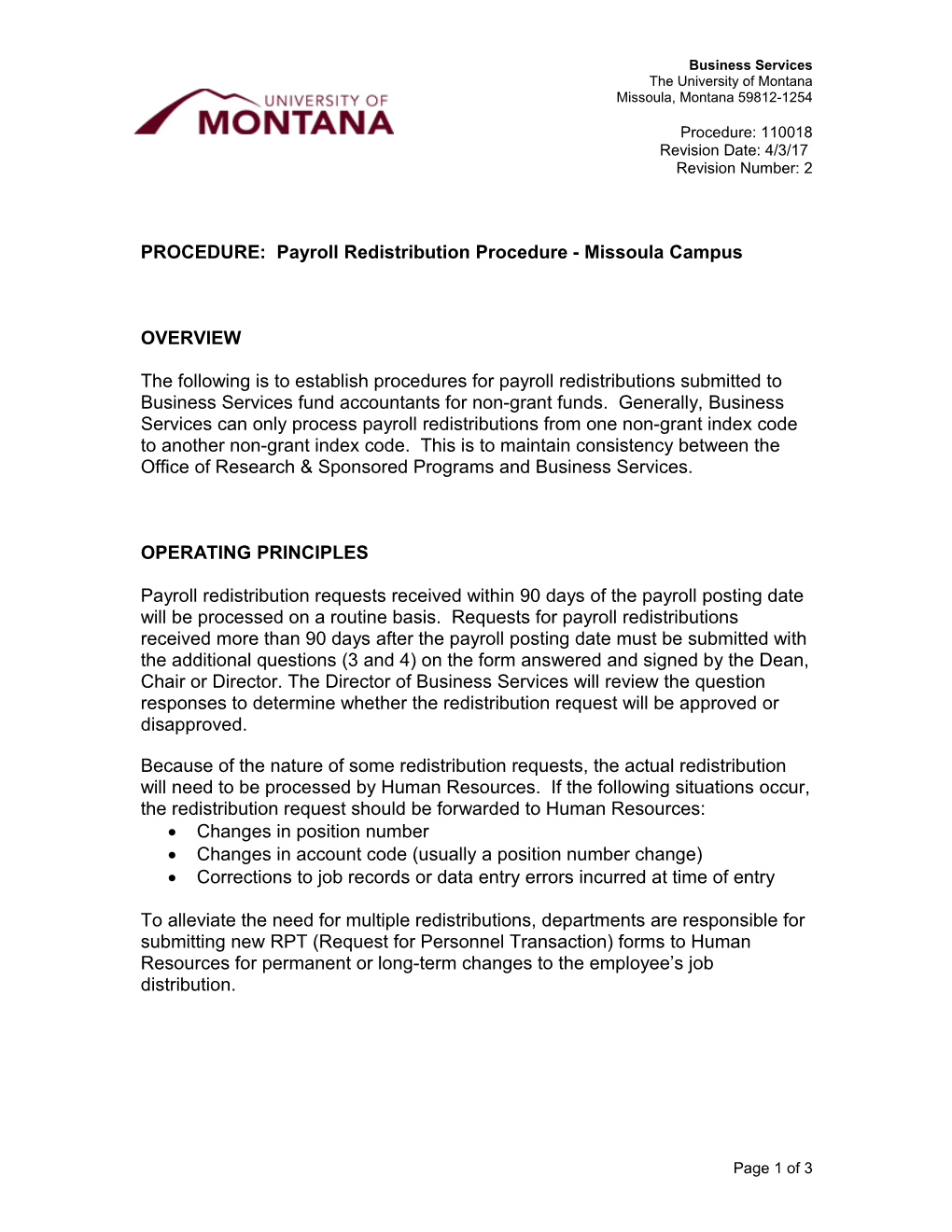 PROCEDURE: Payroll Redistribution Procedure - Missoula Campus