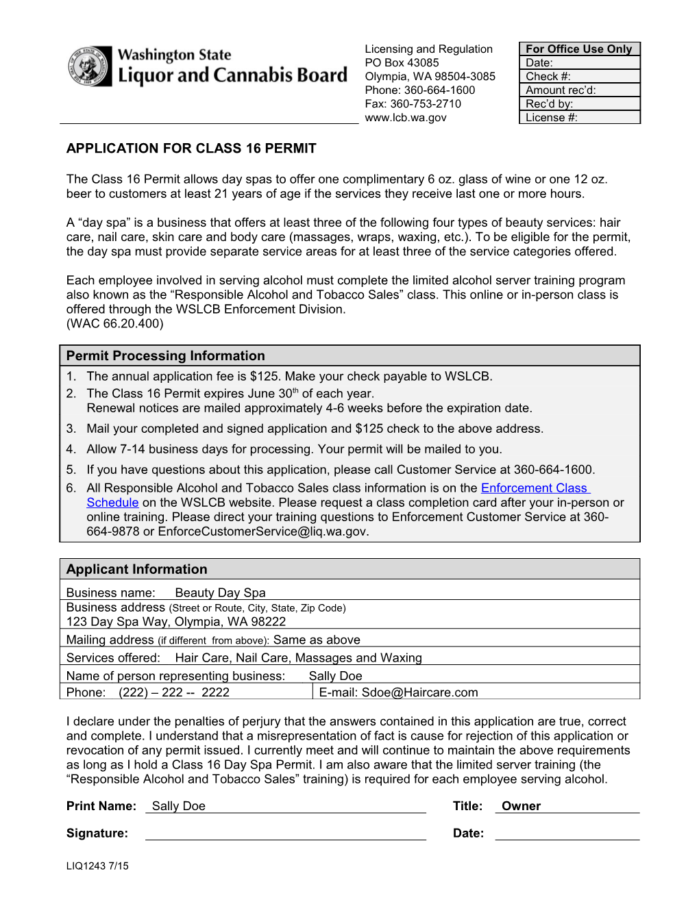 Application for Class 16 Permit