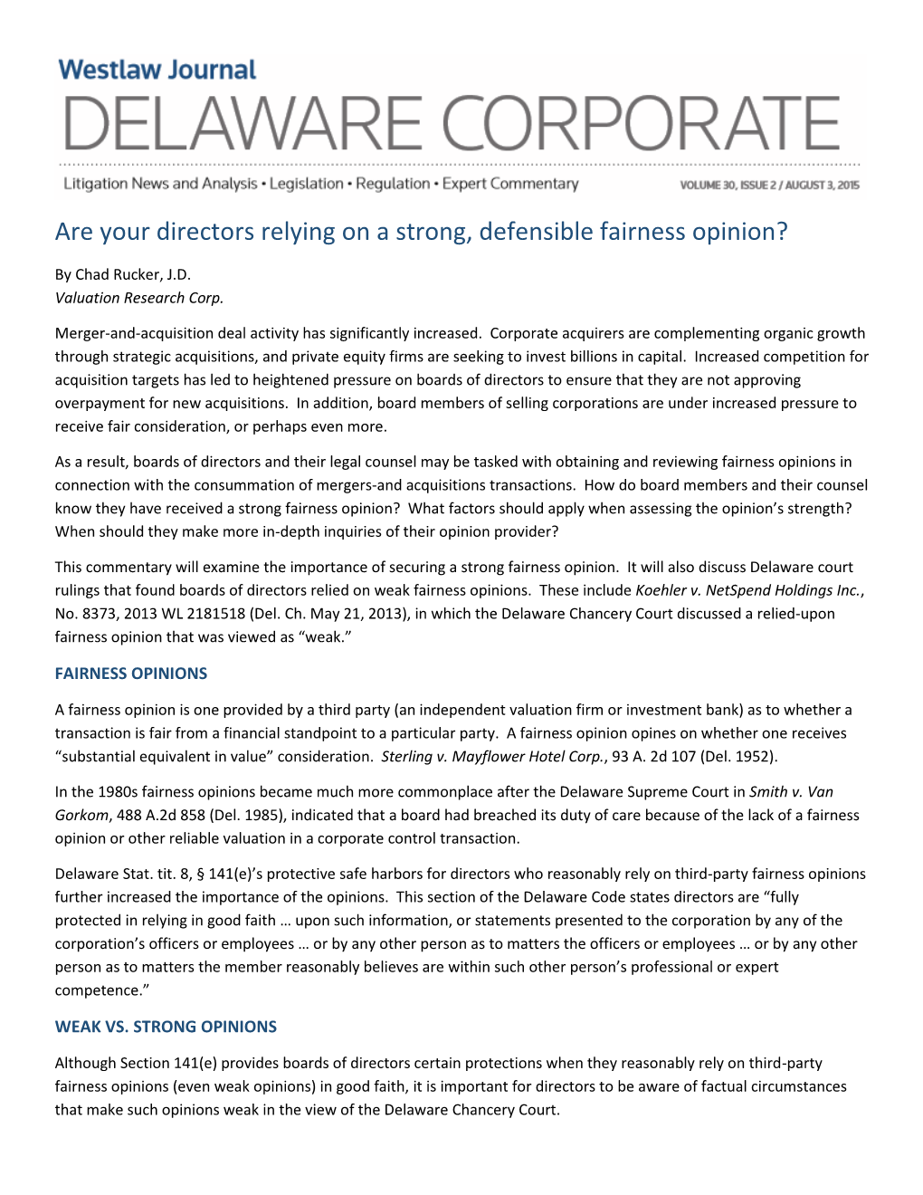 Are Your Directors Relying on a Strong, Defensible Fairness Opinion?