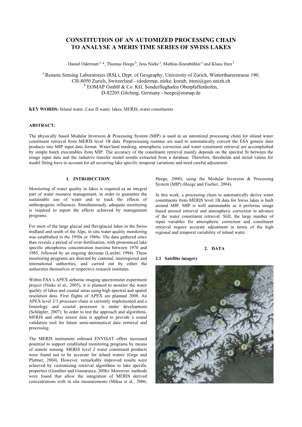 Constitution of an Automized Processing Chain to Analyse a Meris Time Series of Swiss Lakes