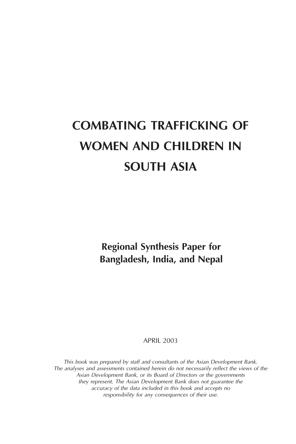 Combating Trafficking of Women and Children in South Asia